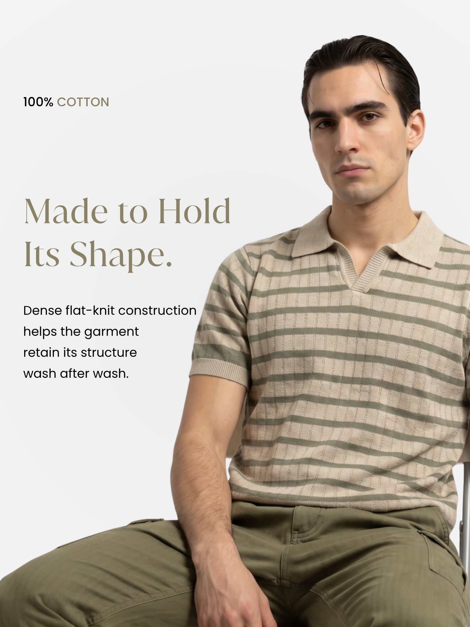 Striped Beige & Olive Flat Knit Polo