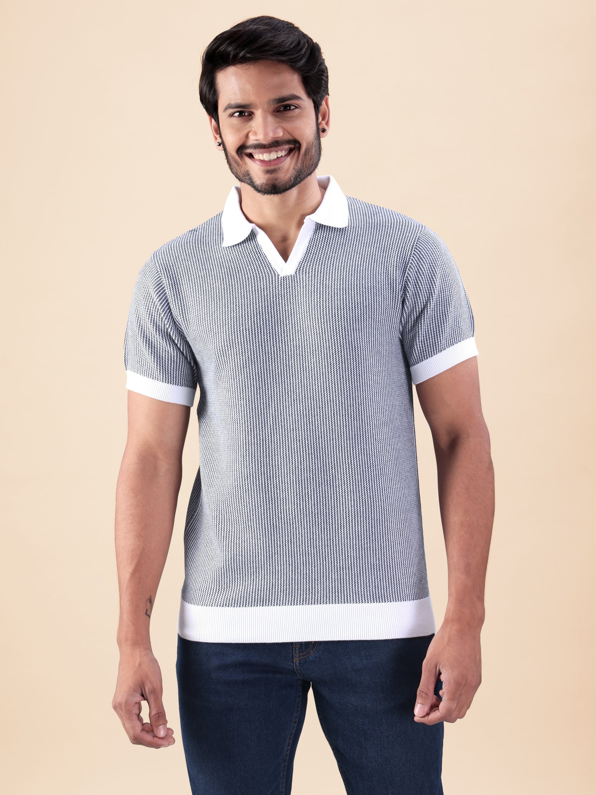 Navy White Flat Knit Polo T-shirt