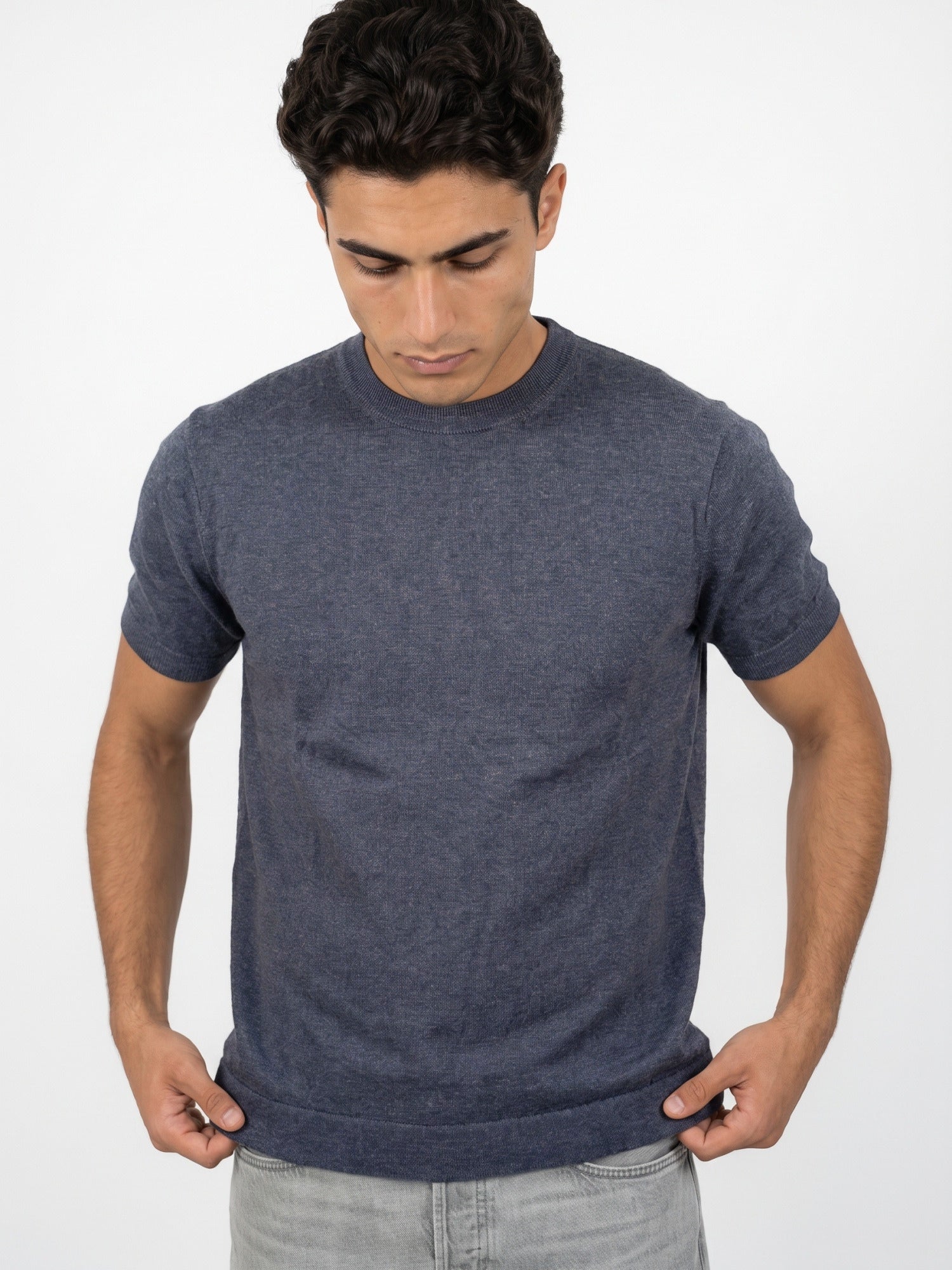 Men Navy Solid Flat Knit Regular Fit Round Neck T-shirt