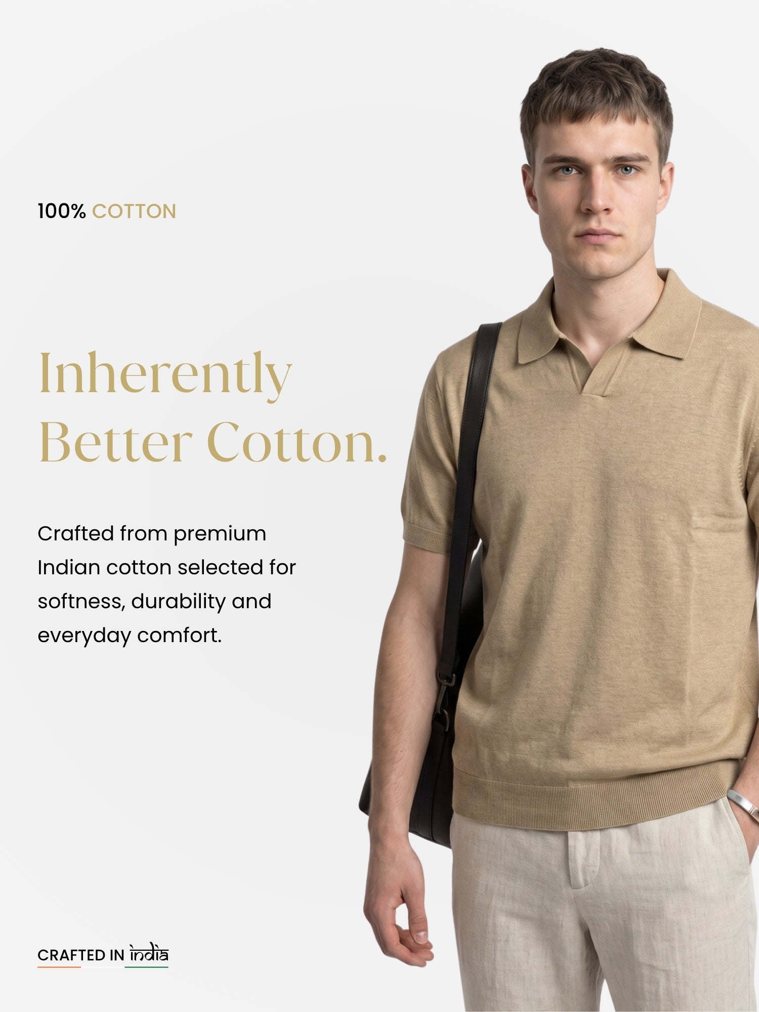 Men Beige Flat Knit Regular Fit Polo Collar T-shirt