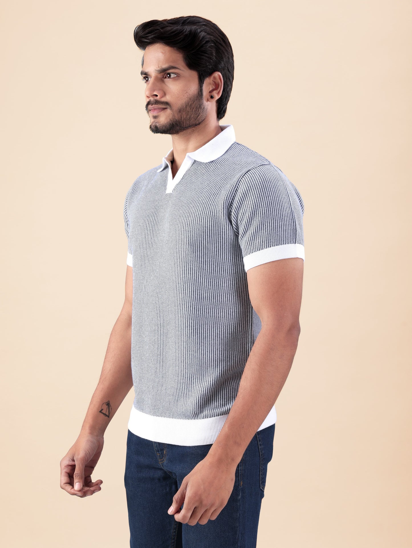 Navy White Flat Knit Polo T-shirt