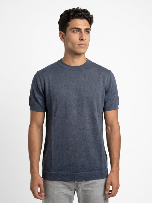 Men Navy Solid Flat Knit Regular Fit Round Neck T-shirt