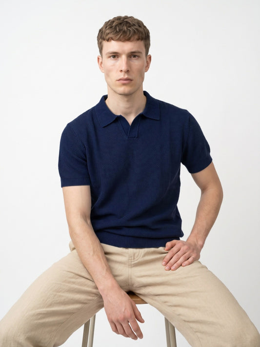 Men Navy Textured Flat Knit Polo