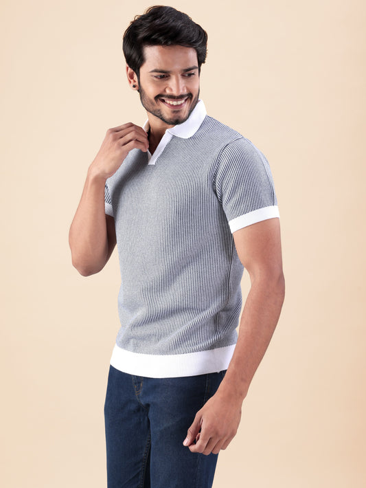 Navy White Flat Knit Polo T-shirt