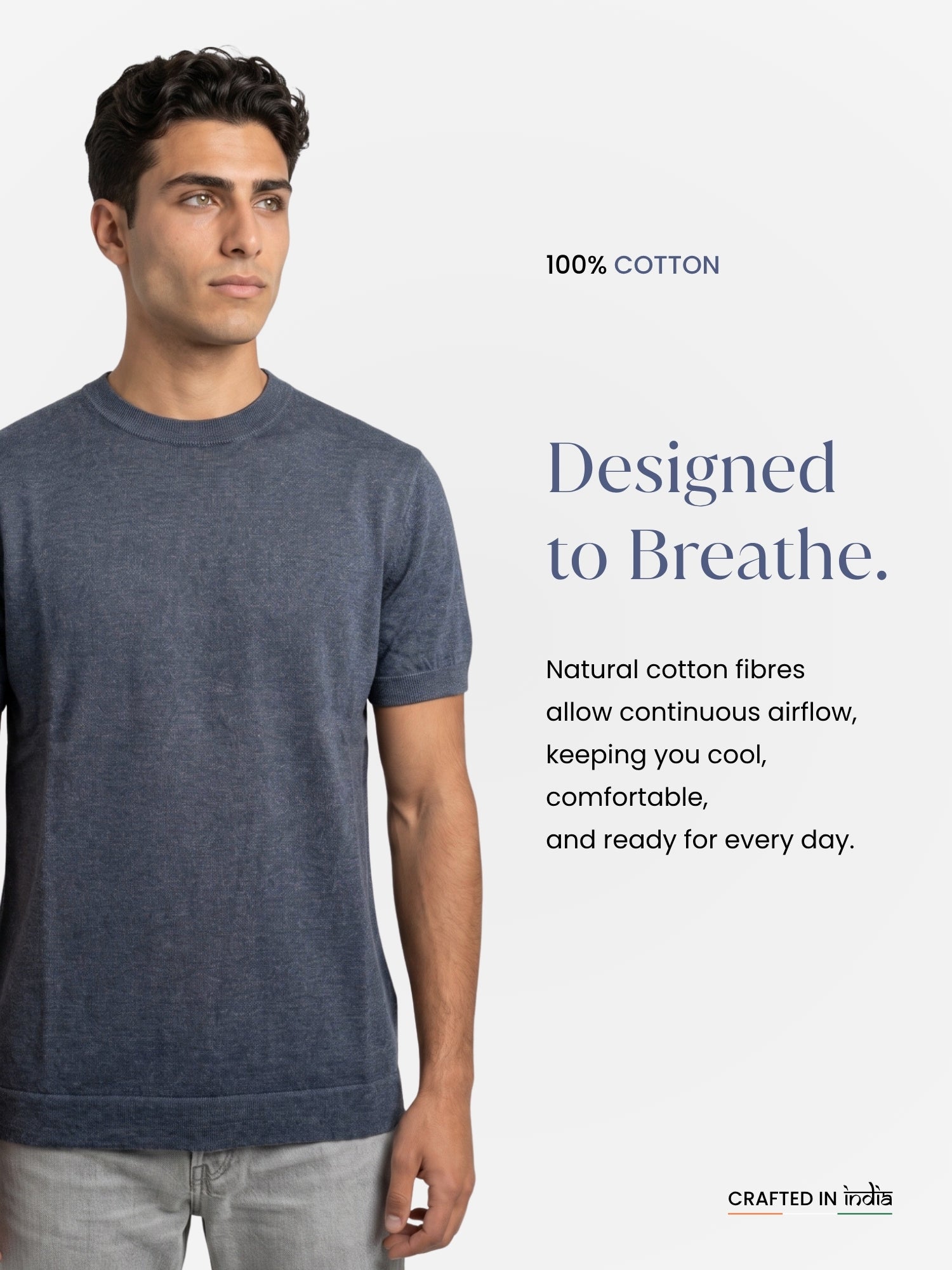 Men Navy Solid Flat Knit Regular Fit Round Neck T-shirt