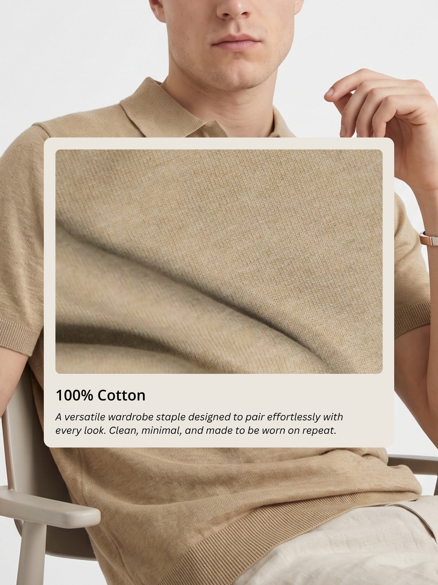 Men Beige Flat Knit Regular Fit Polo Collar T-shirt