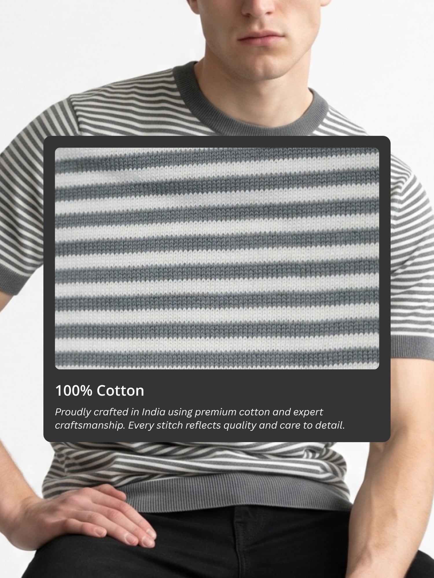 Men Grey & White Striped Round Neck Flat Knit T-shirt