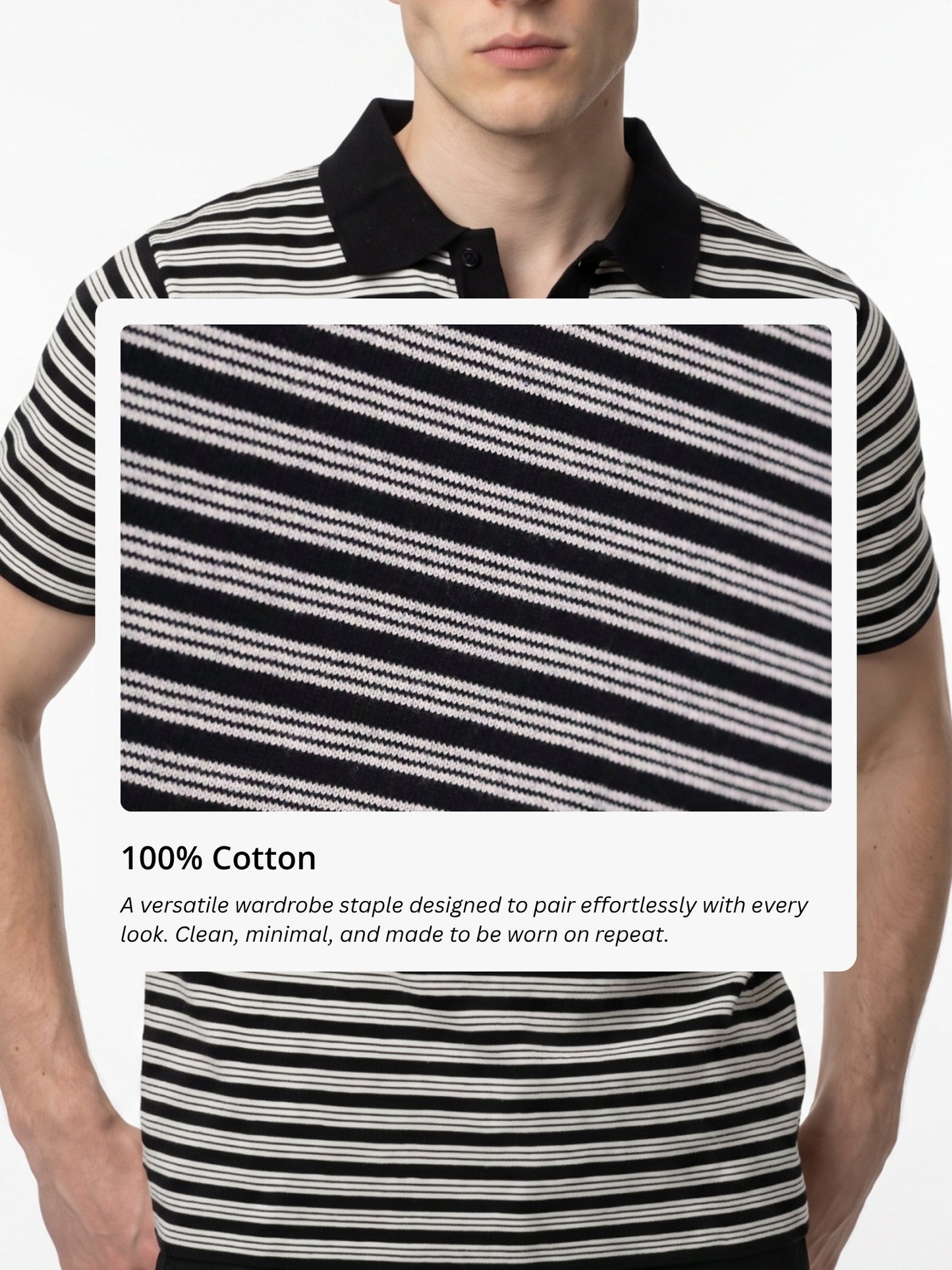Men Black & White Striped Polo T-shirt