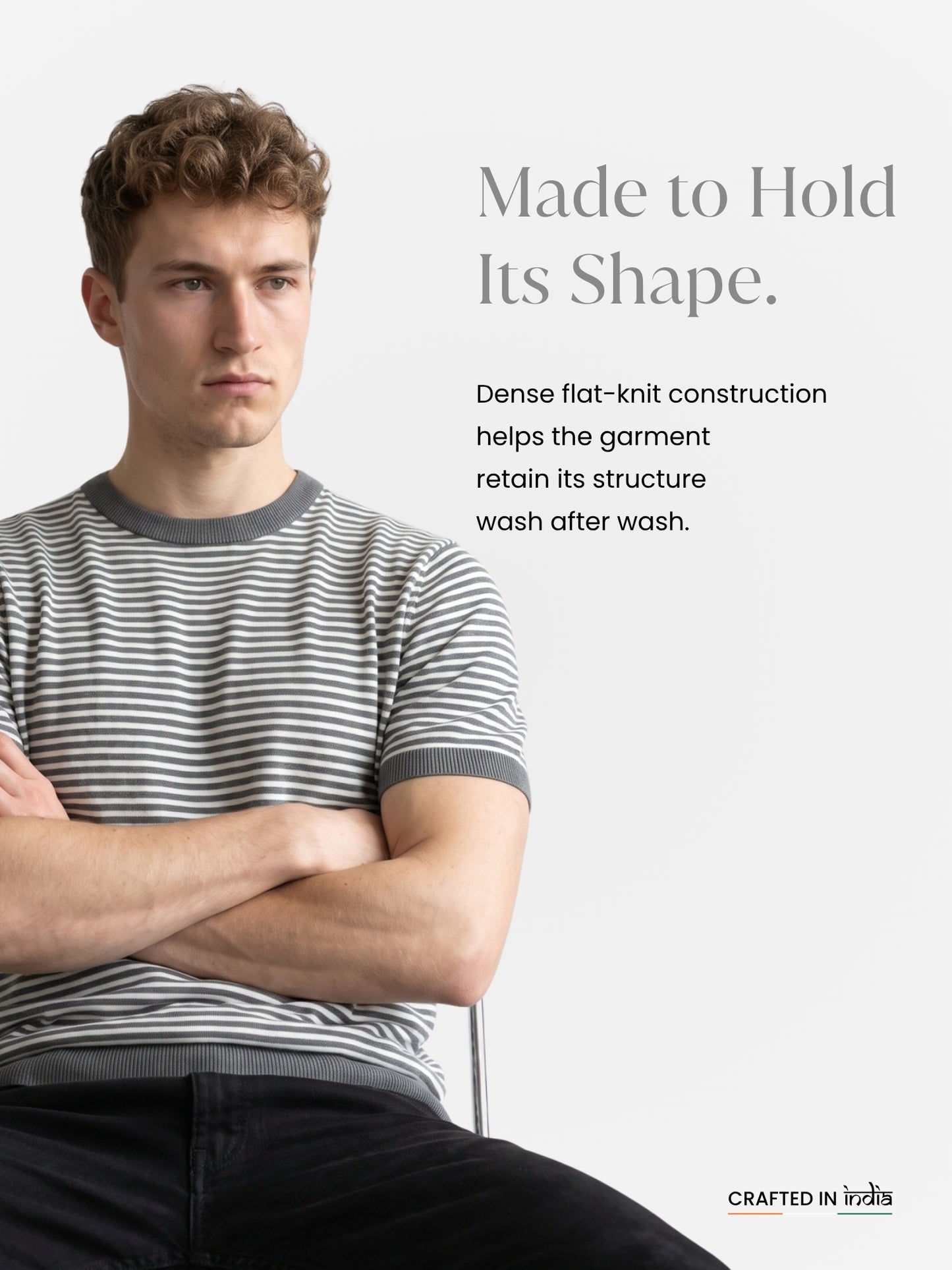 Men Grey & White Striped Round Neck Flat Knit T-shirt