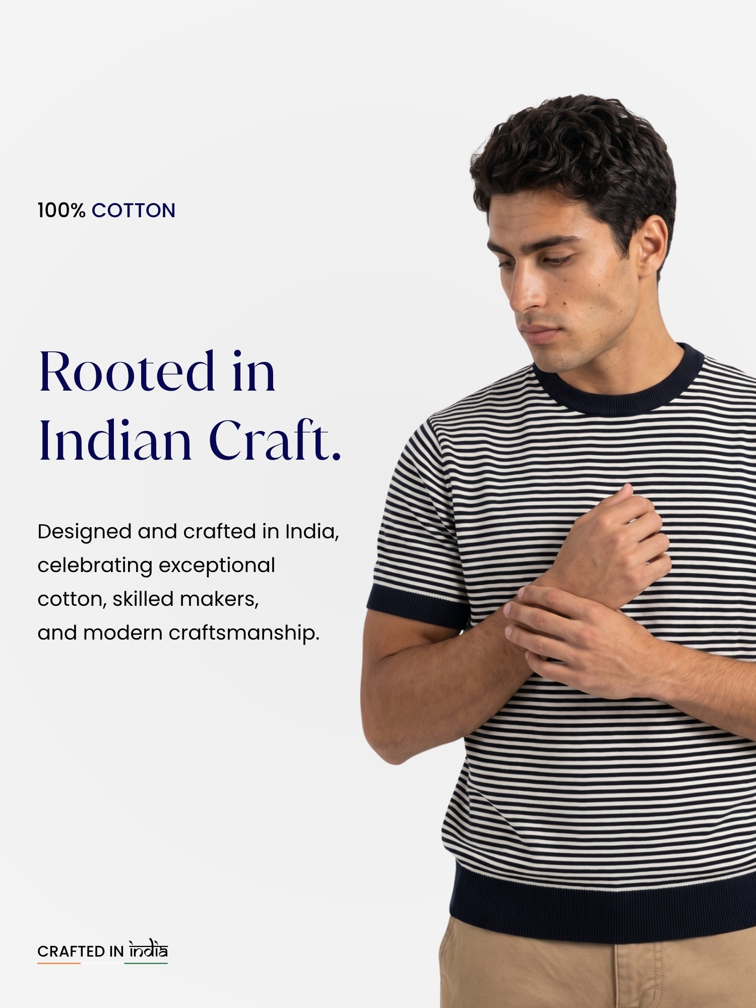 Navy & White Men Regular Fit Striped Flat Knit T-shirt
