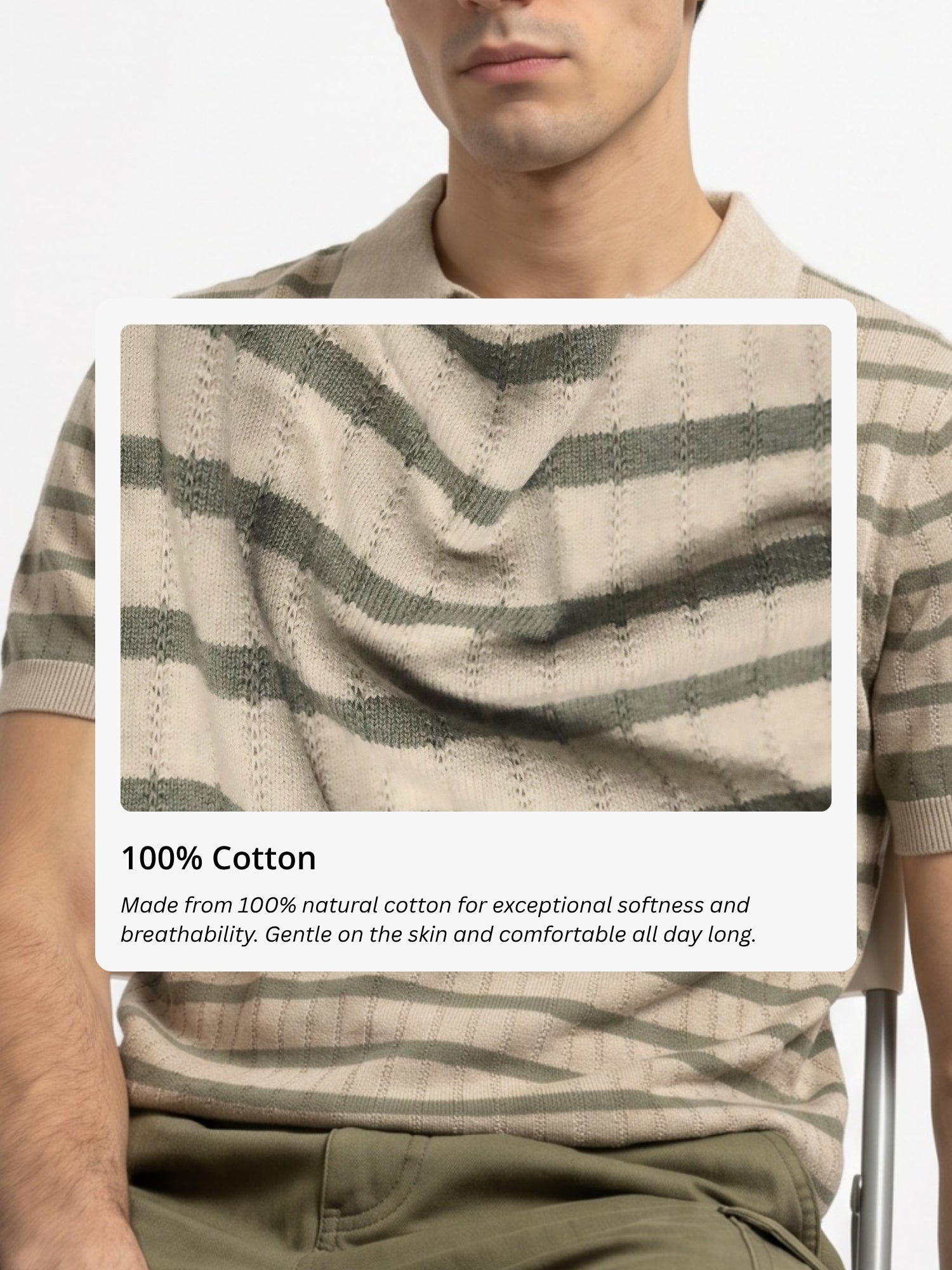 Striped Beige & Olive Flat Knit Polo