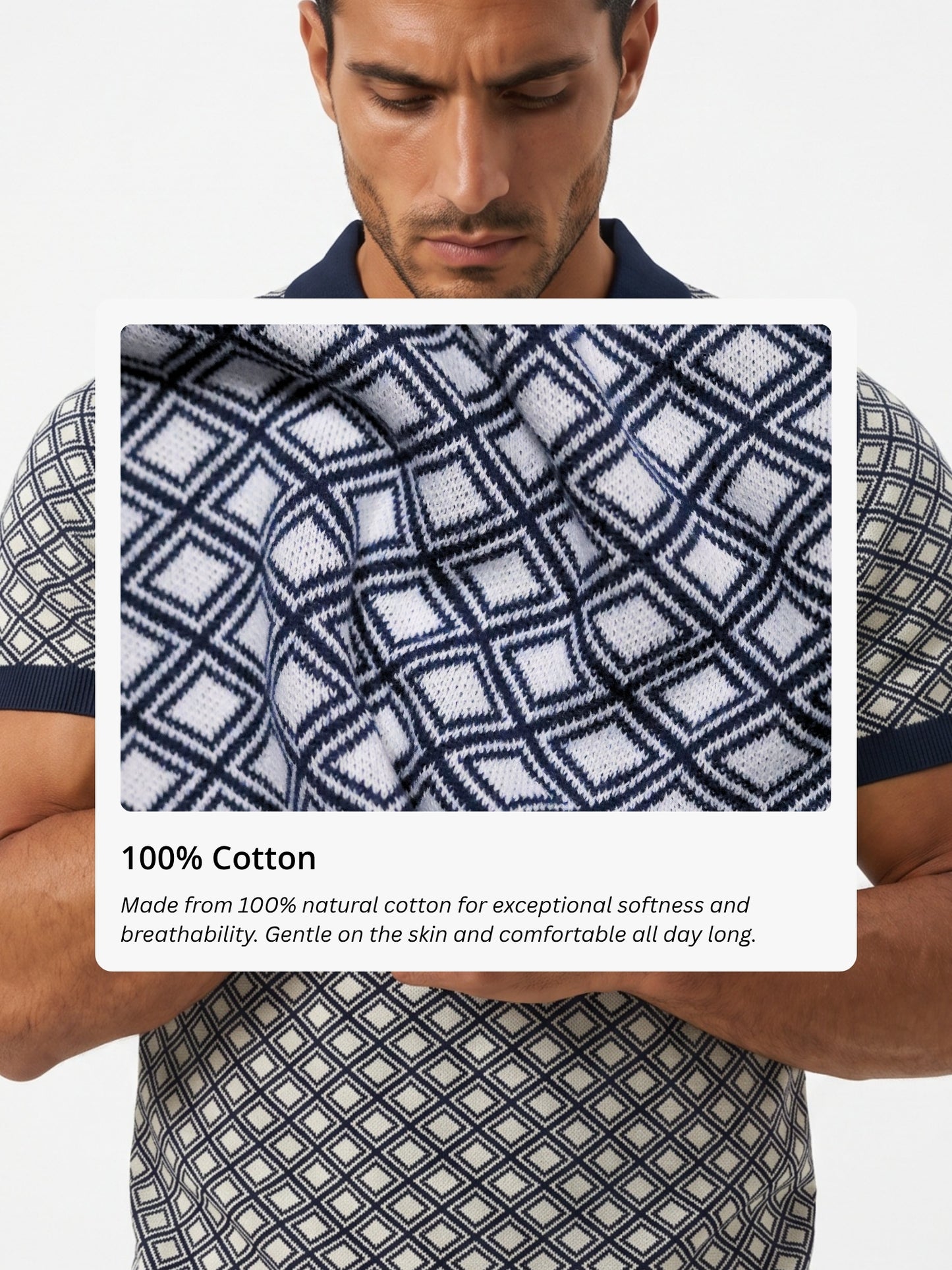 Men Navy Geometric Flat Knit Polo