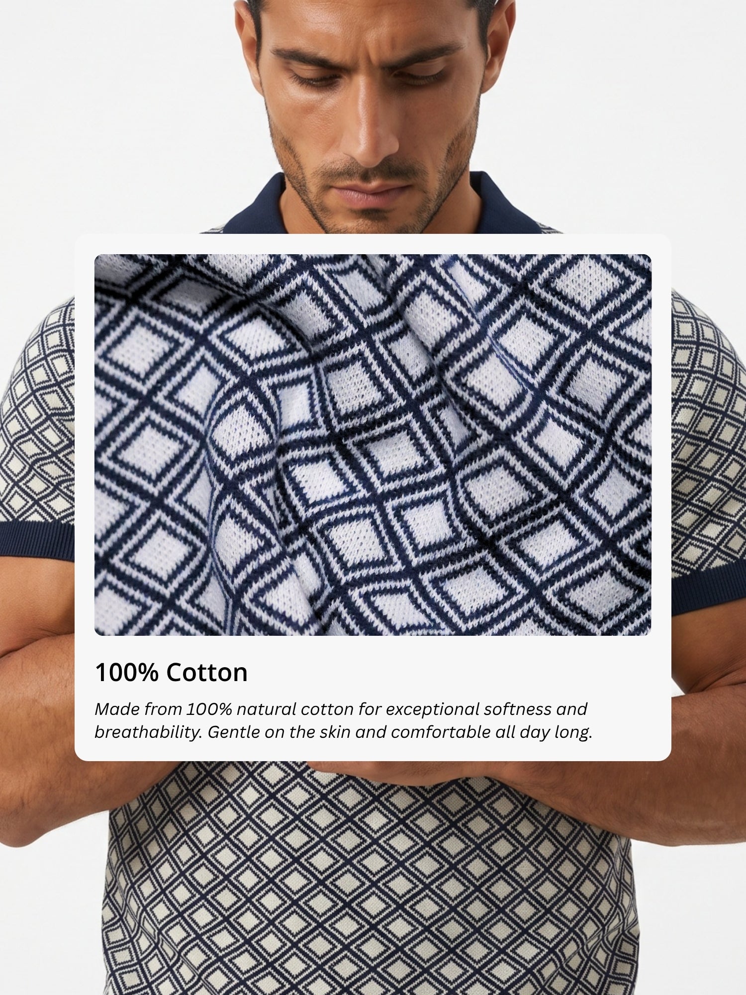 Men Navy Geometric Flat Knit Polo
