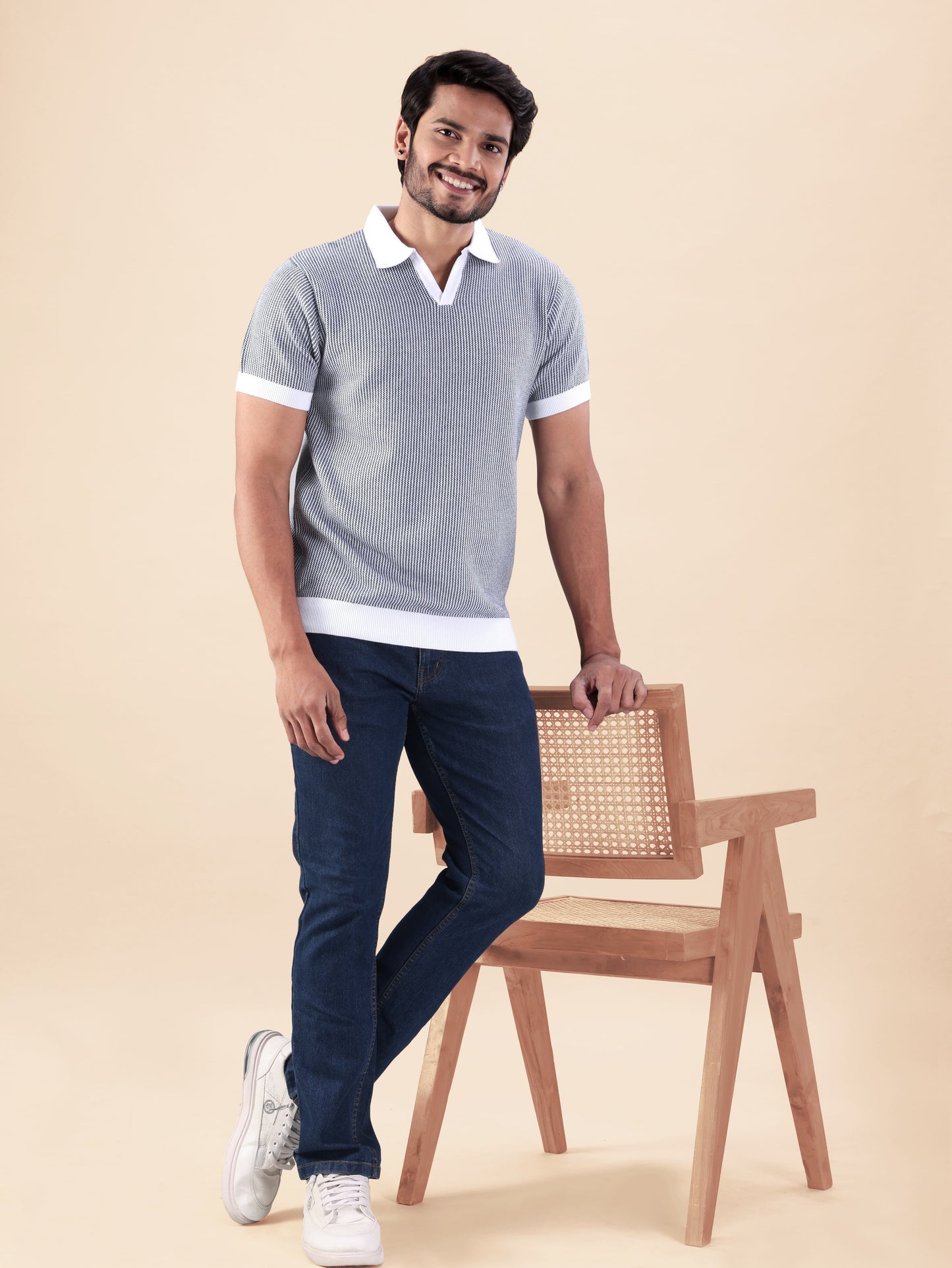 Navy White Flat Knit Polo T-shirt