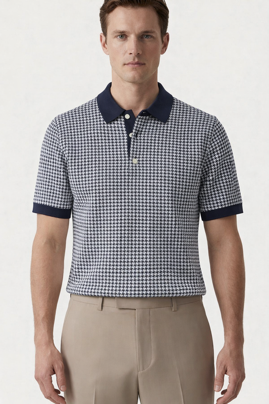 Micro-Check Polo T-shirt in Navy