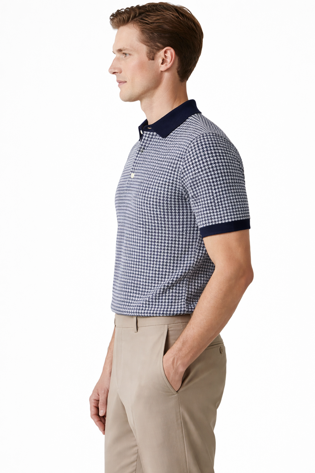 Micro-Check Polo T-shirt in Navy