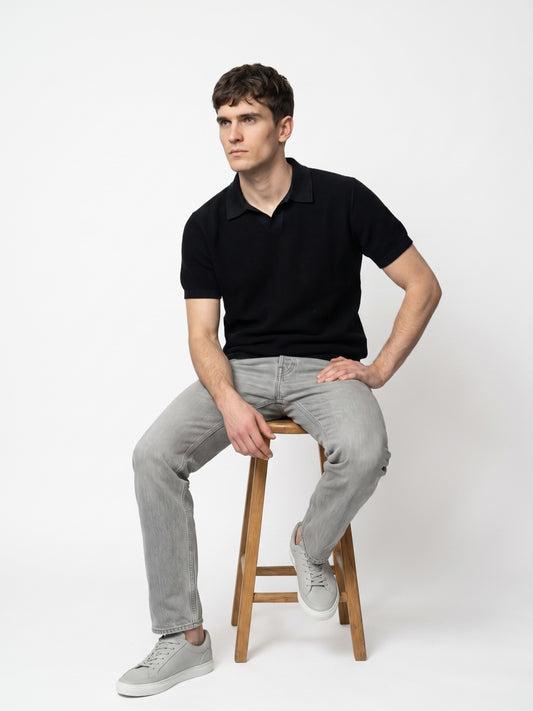 Men Black Textured Flat Knit Polo