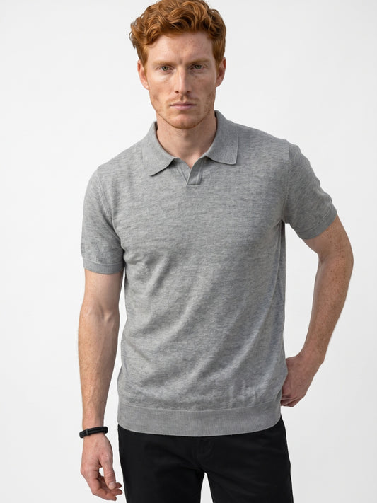 Men Grey Melange Flat Knit Polo T-shirt