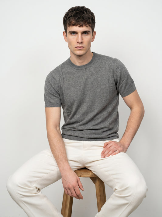 Men Navy Solid Flat Knit Regular Fit Round Neck T-shirt