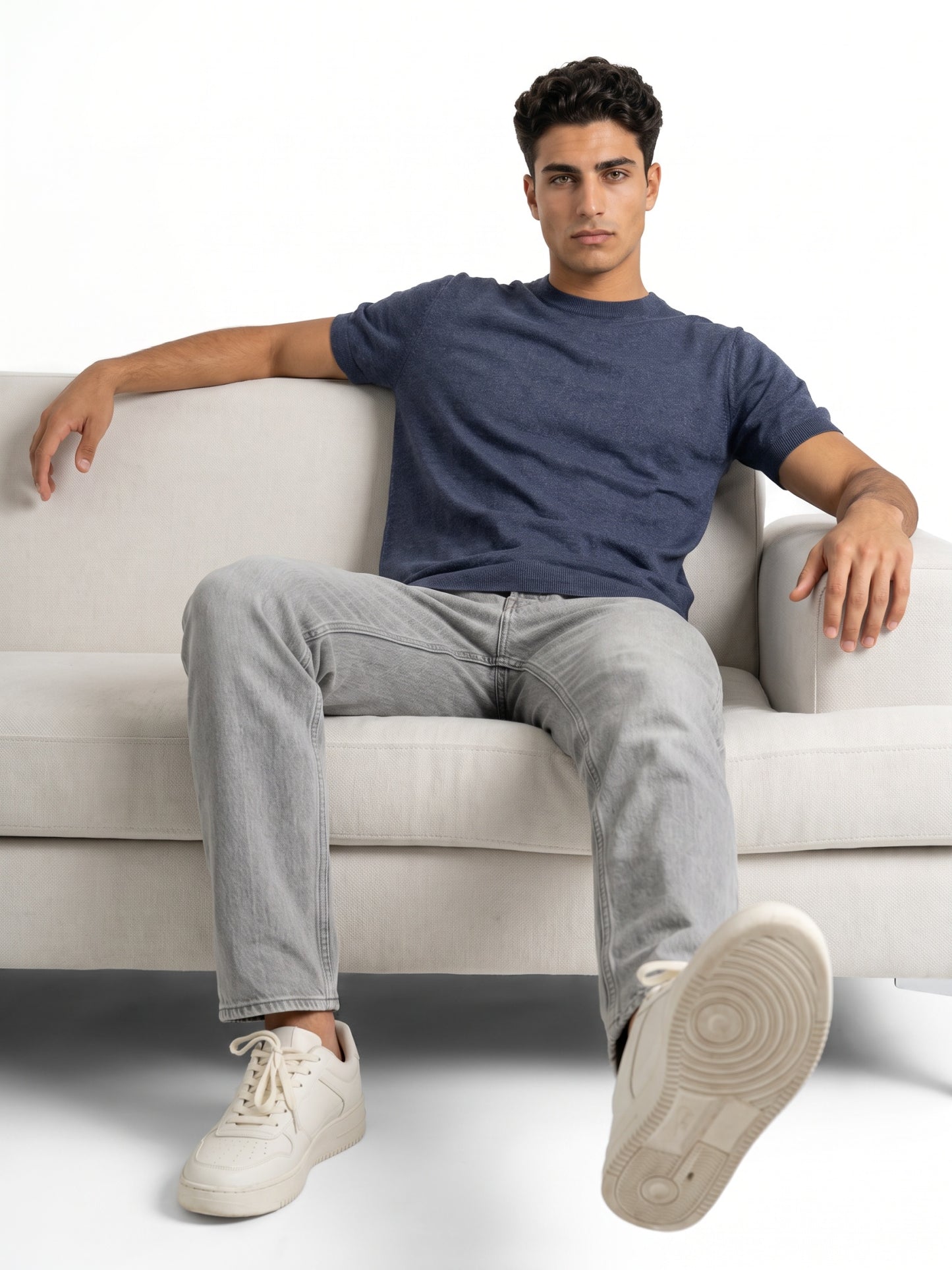 Men Navy Solid Flat Knit Regular Fit Round Neck T-shirt