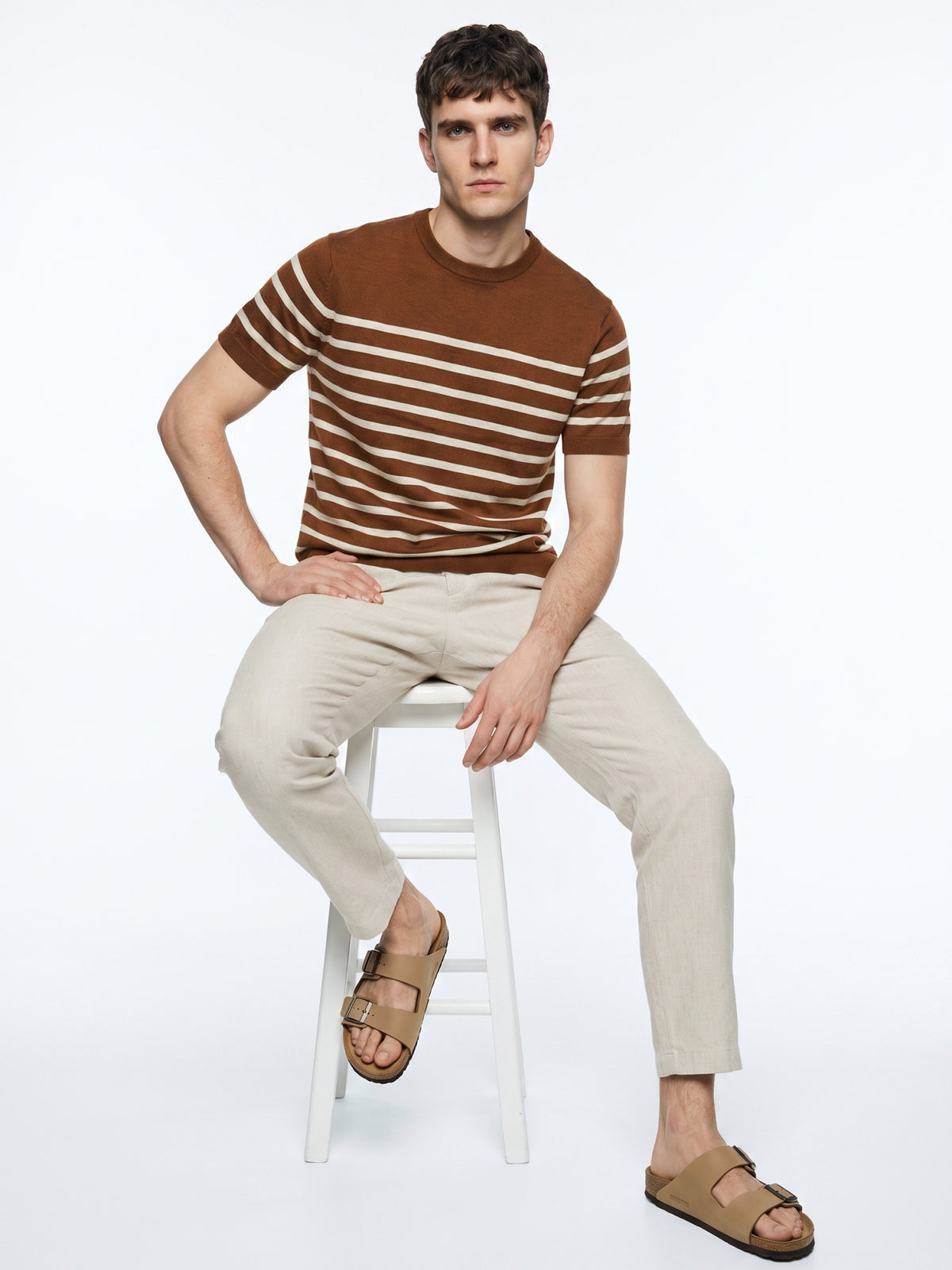 Men Brown Striped Flat Knitted T-shirt