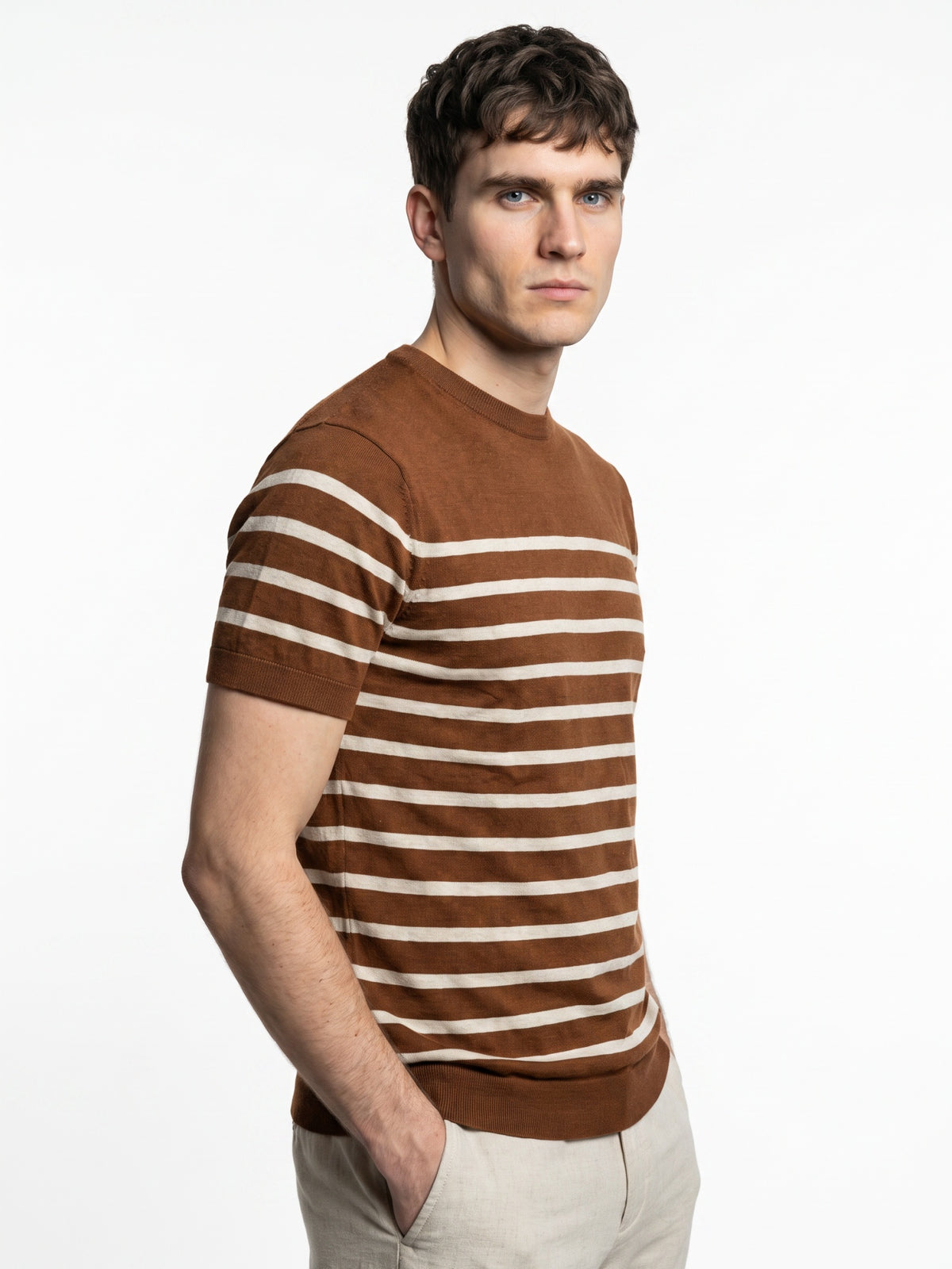 Men Brown Striped Flat Knitted T-shirt