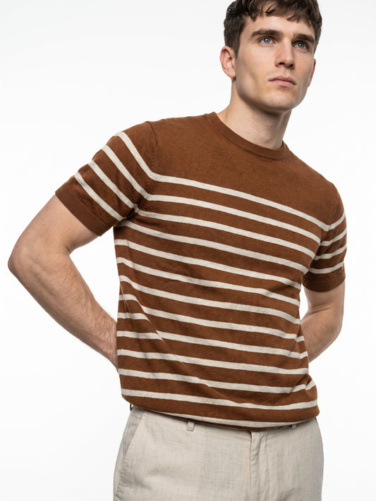 Men Brown Striped Flat Knitted T-shirt