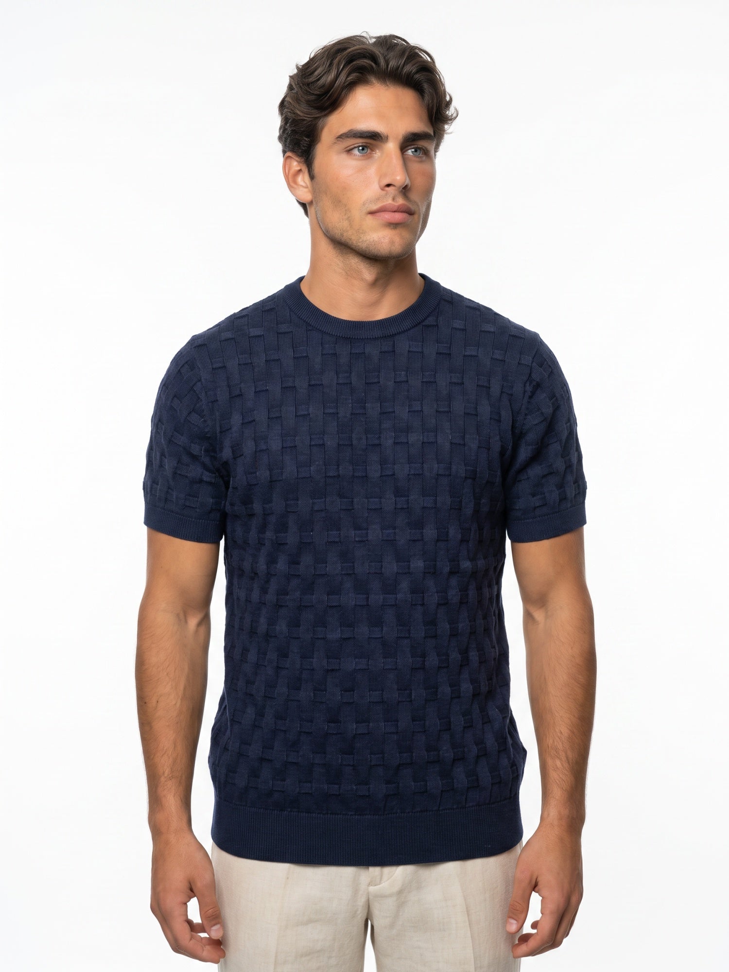 Men Navy Blue Flat Knit T-shirt