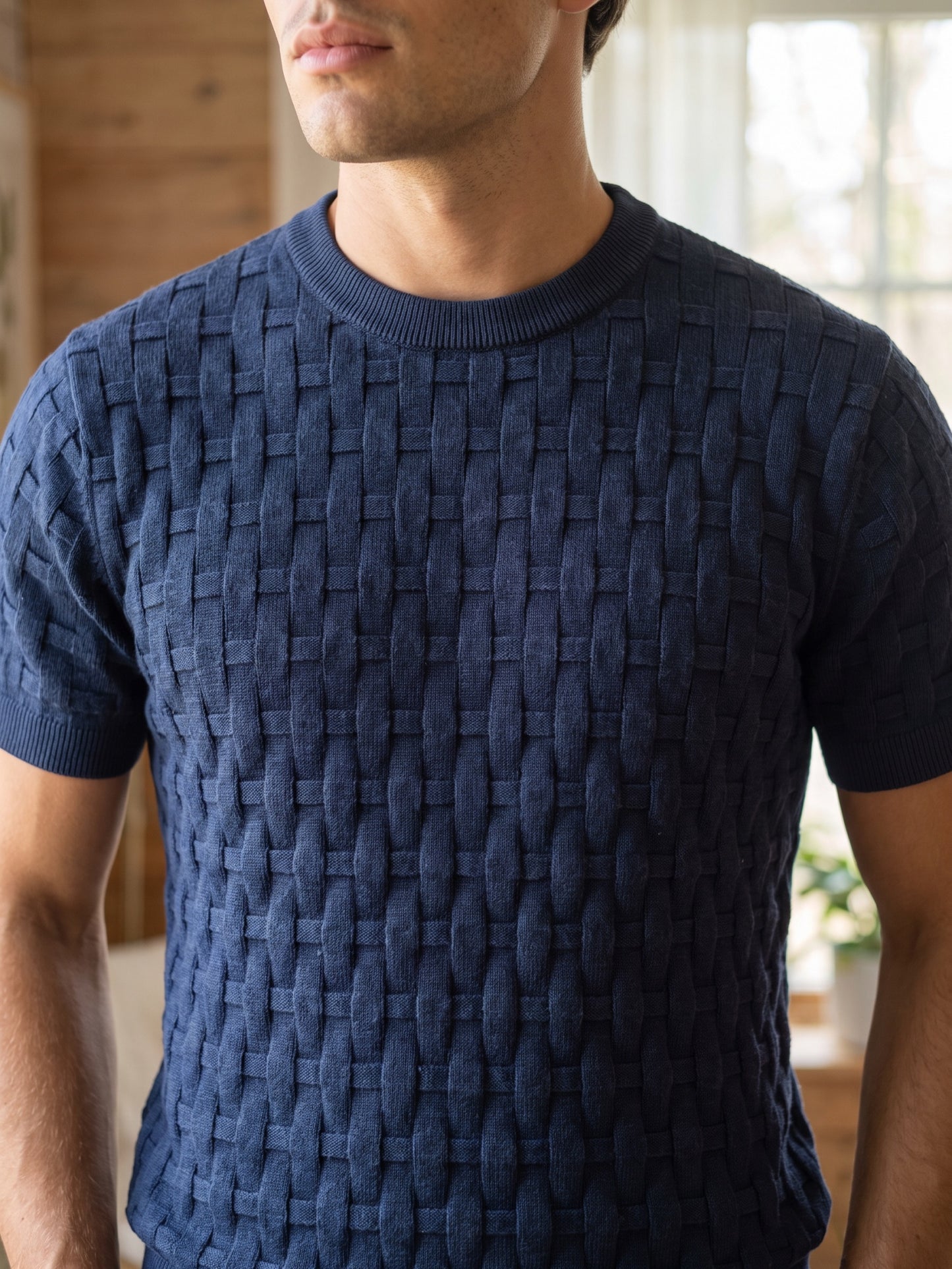 Men Navy Blue Flat Knit T-shirt