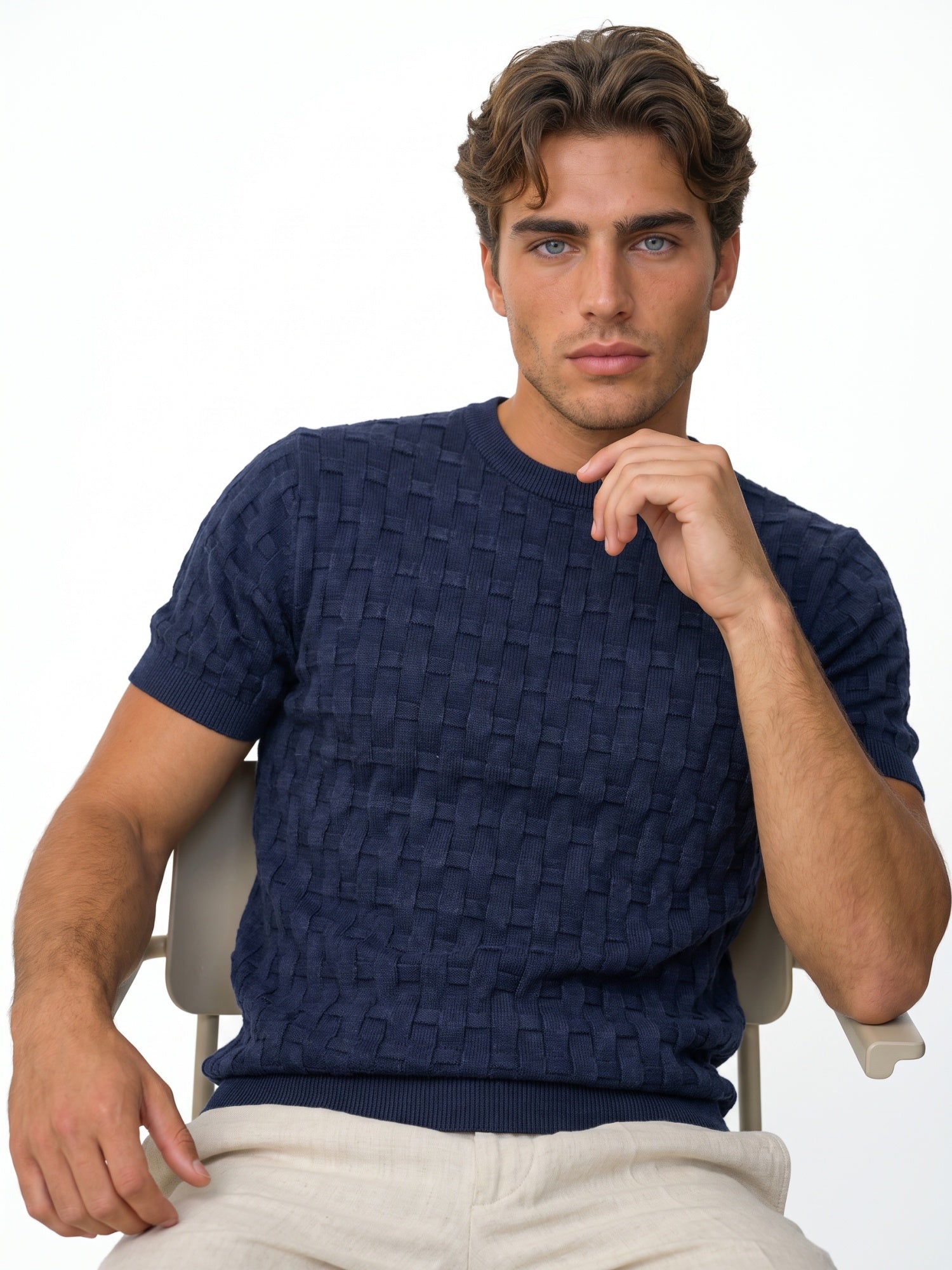 Men Navy Blue Flat Knit T-shirt