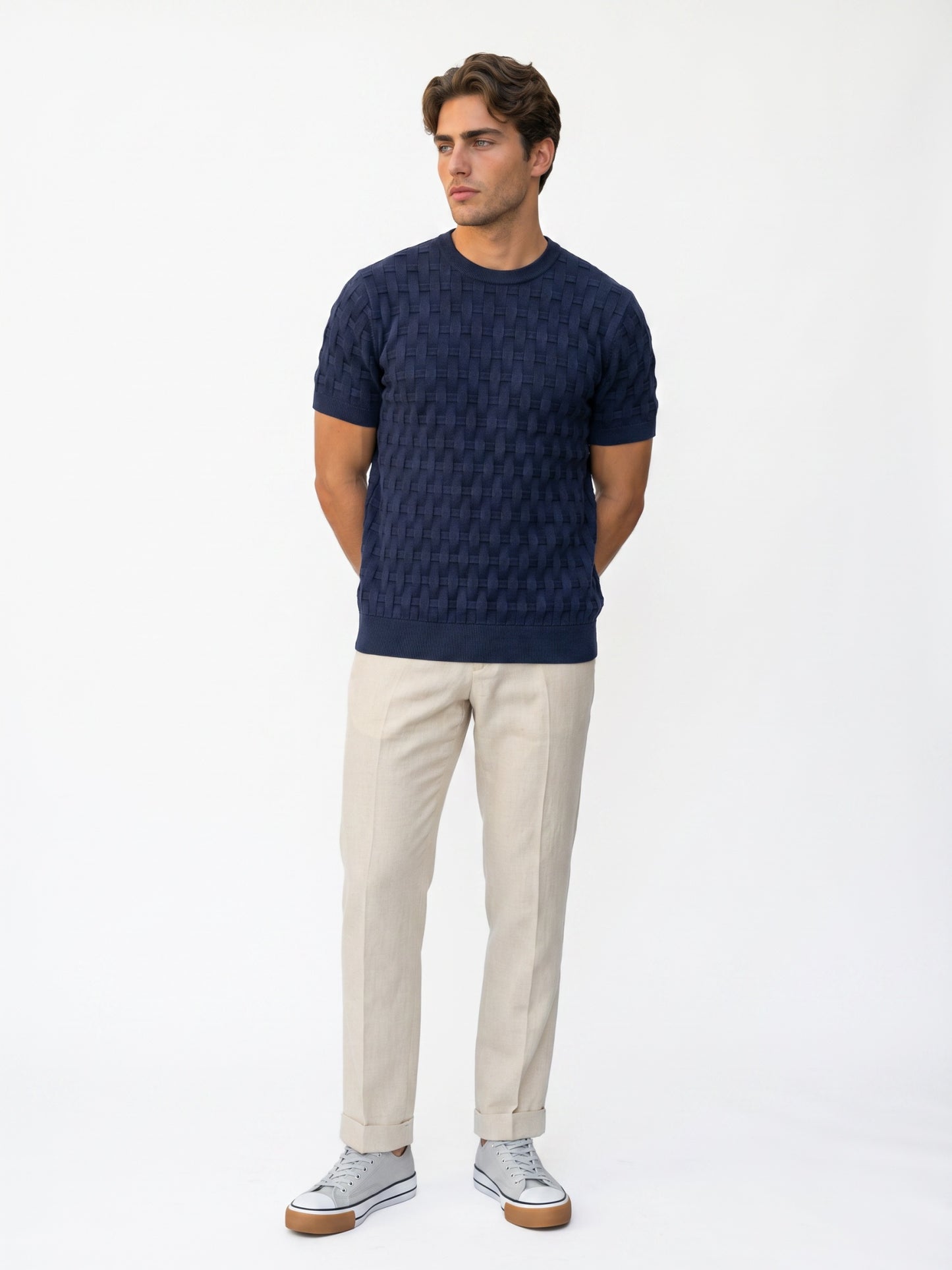 Men Navy Blue Flat Knit T-shirt