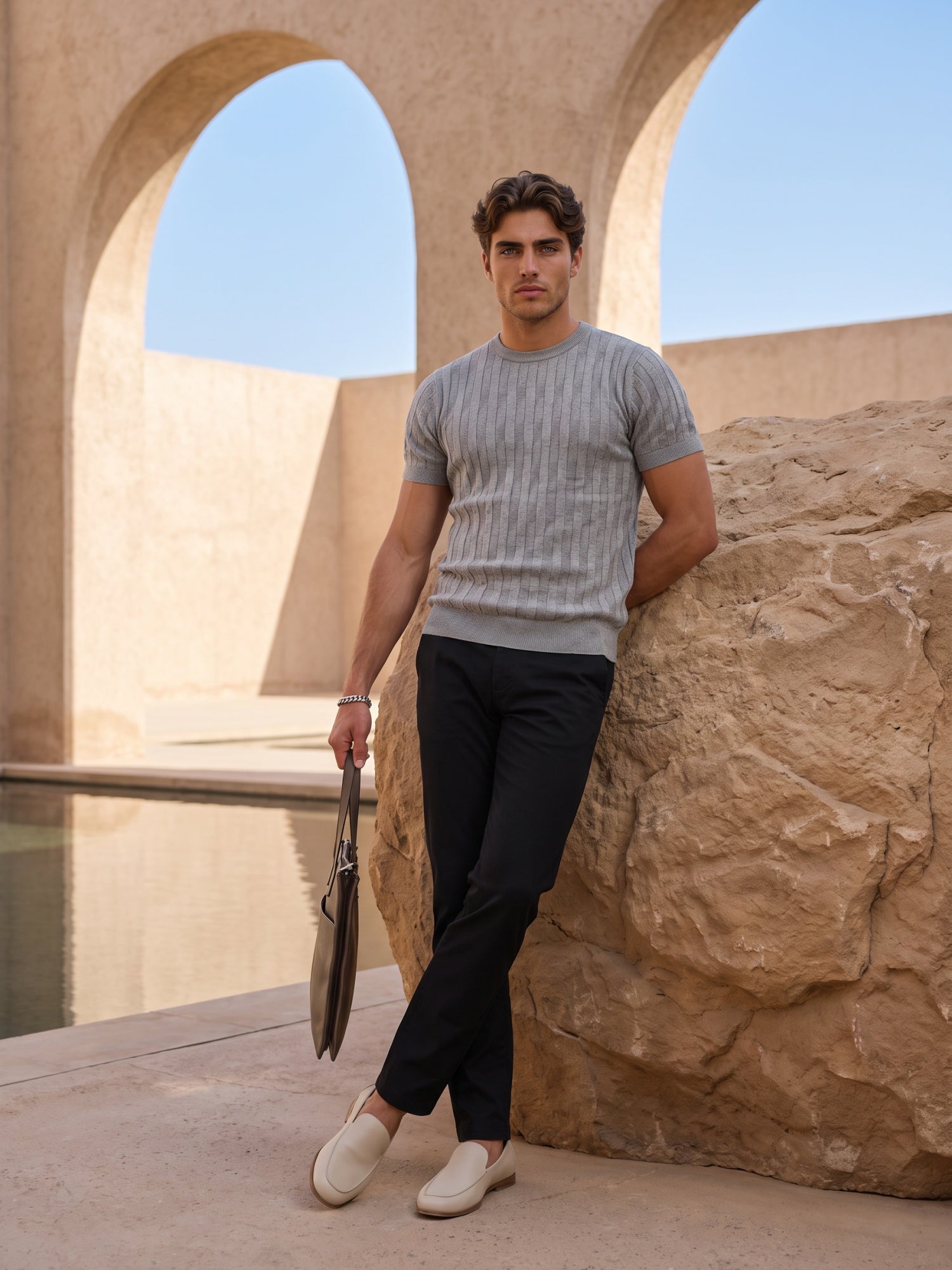 Men Grey Texture Flat Knit T-shirt