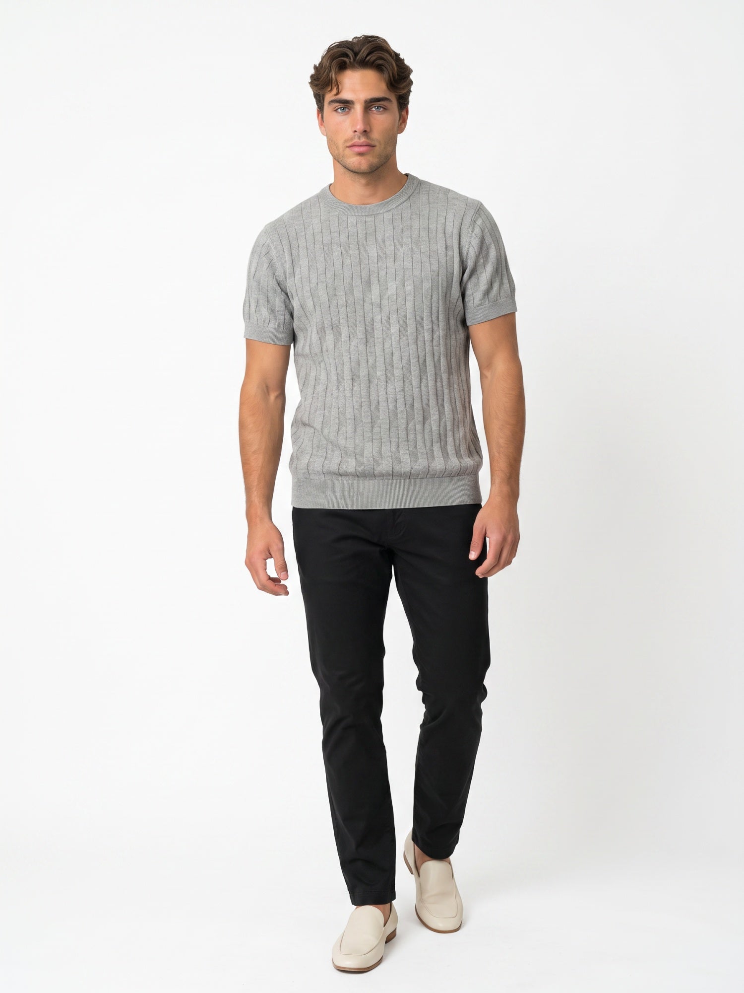 Men Grey Texture Flat Knit T-shirt