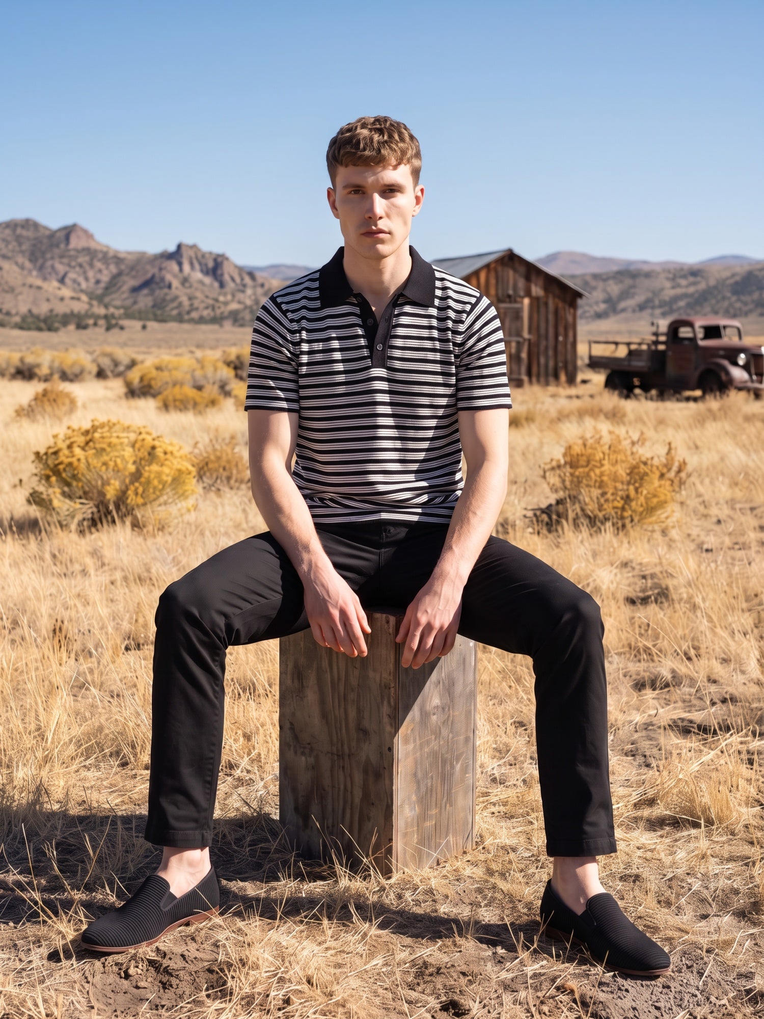 Men Black & White Striped Polo T-shirt