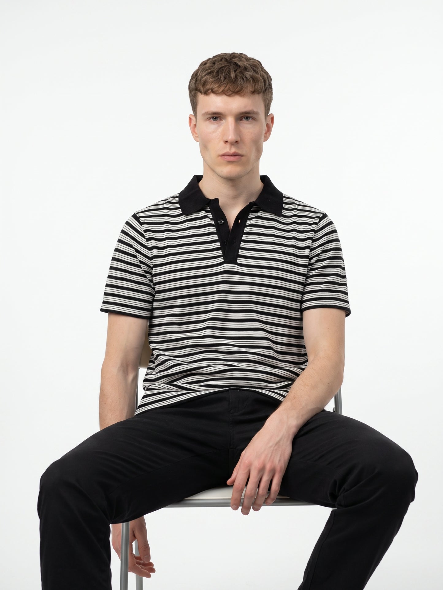 Men Black & White Striped Polo T-shirt
