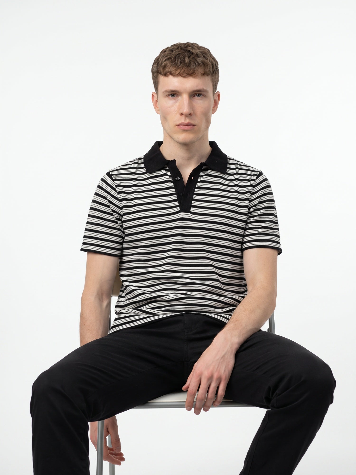Men Black & White Striped Polo T-shirt