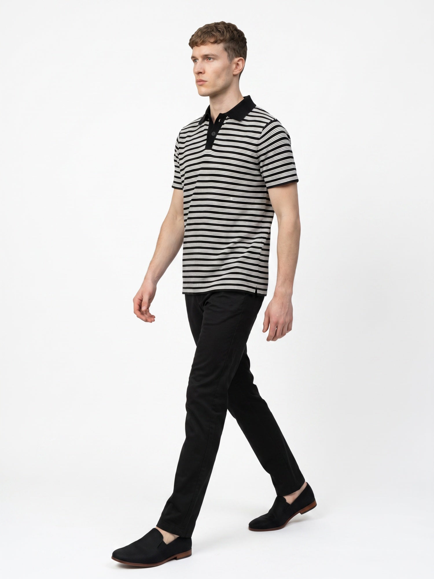 Men Black & White Striped Polo T-shirt
