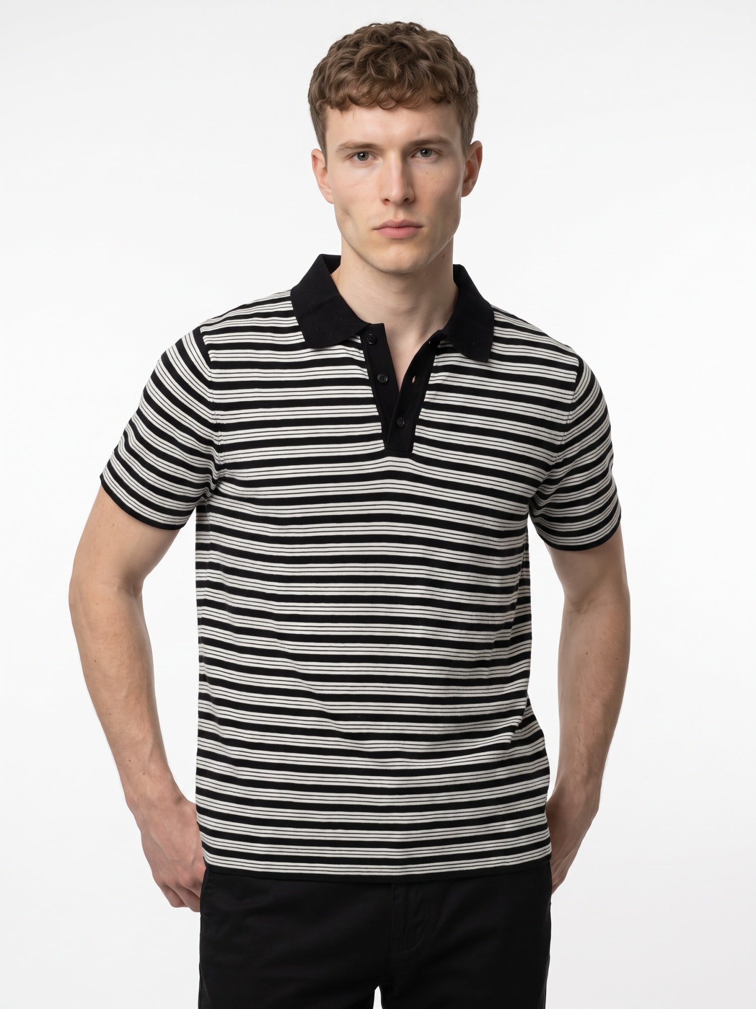 Men Black & White Striped Polo T-shirt