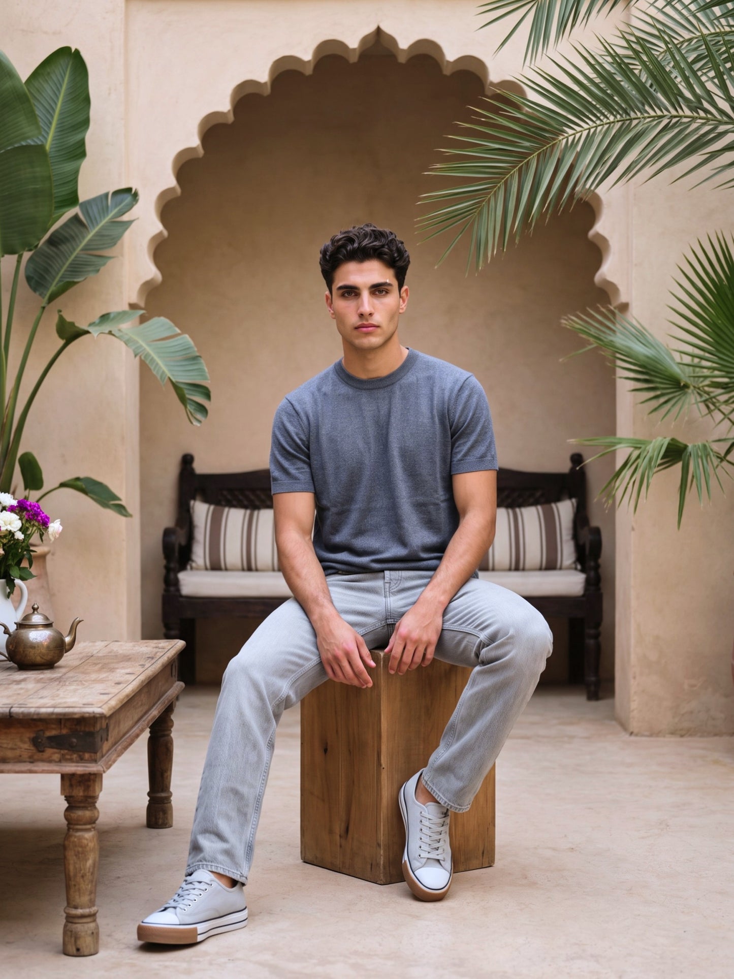Men Navy Solid Flat Knit Regular Fit Round Neck T-shirt