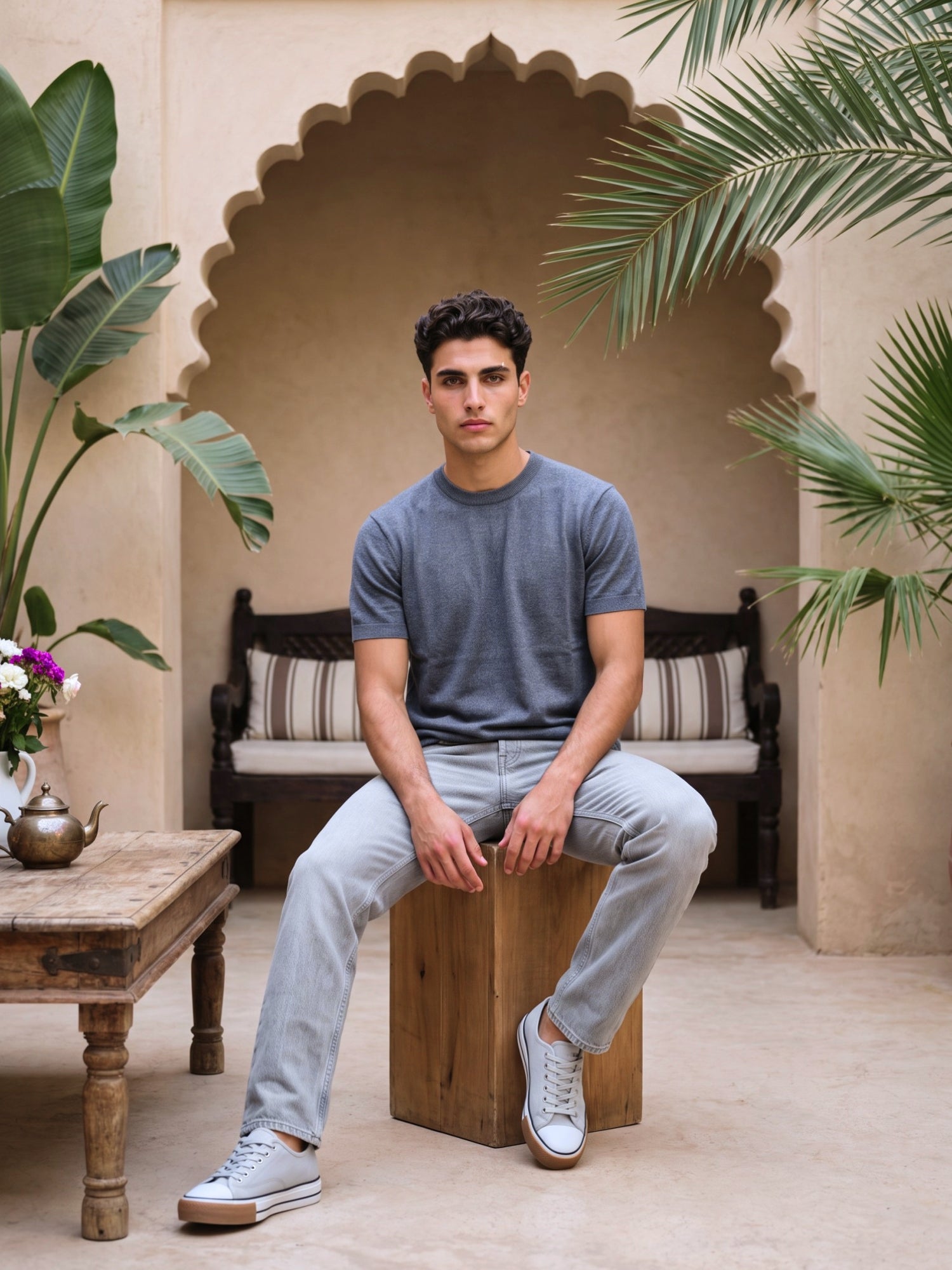 Men Navy Solid Flat Knit Regular Fit Round Neck T-shirt