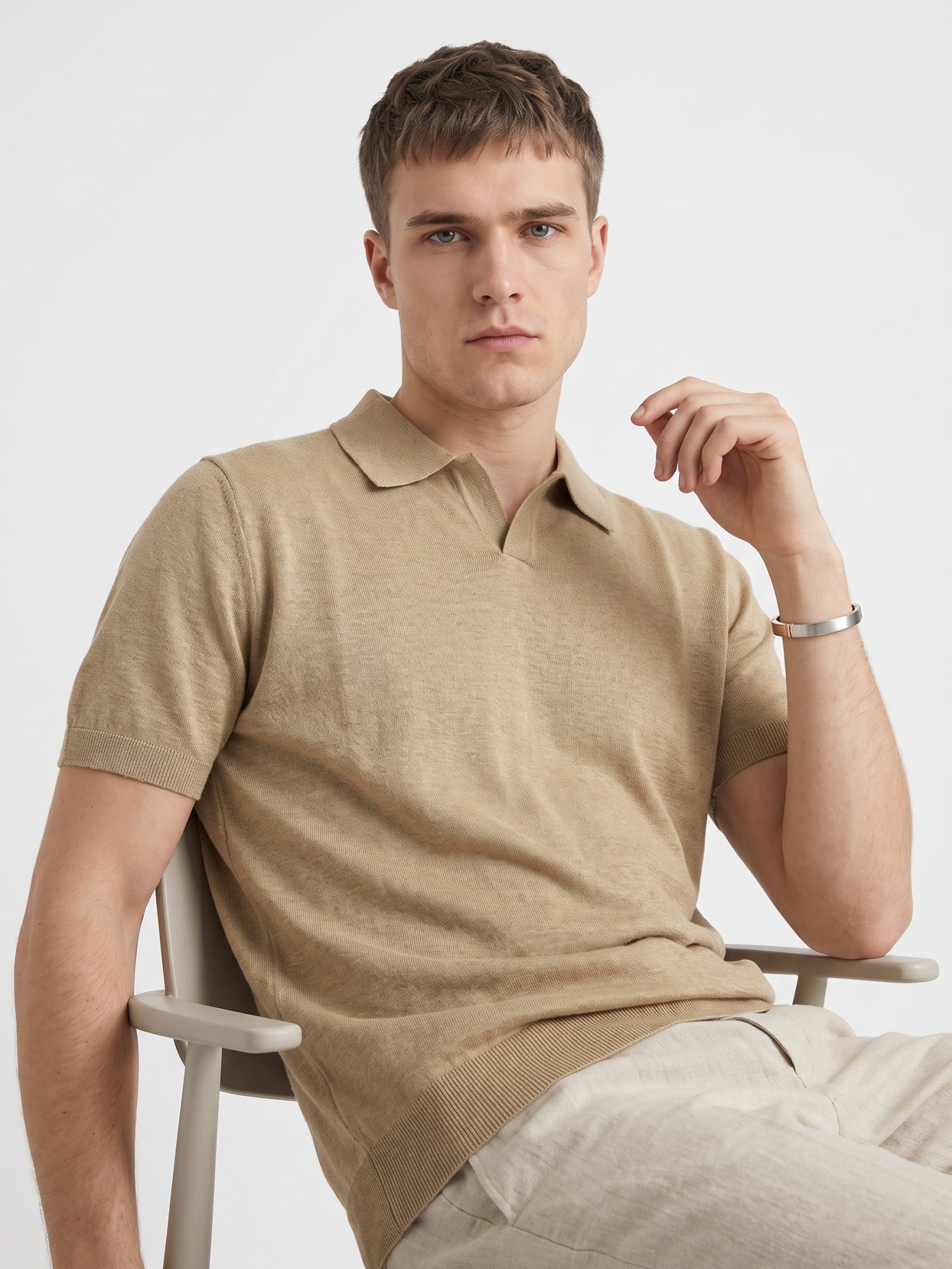 Men Beige Flat Knit Regular Fit Polo Collar T-shirt