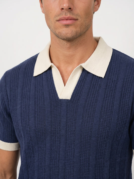 Men Navy Ribbed Flat Knit Polo T-Shirt