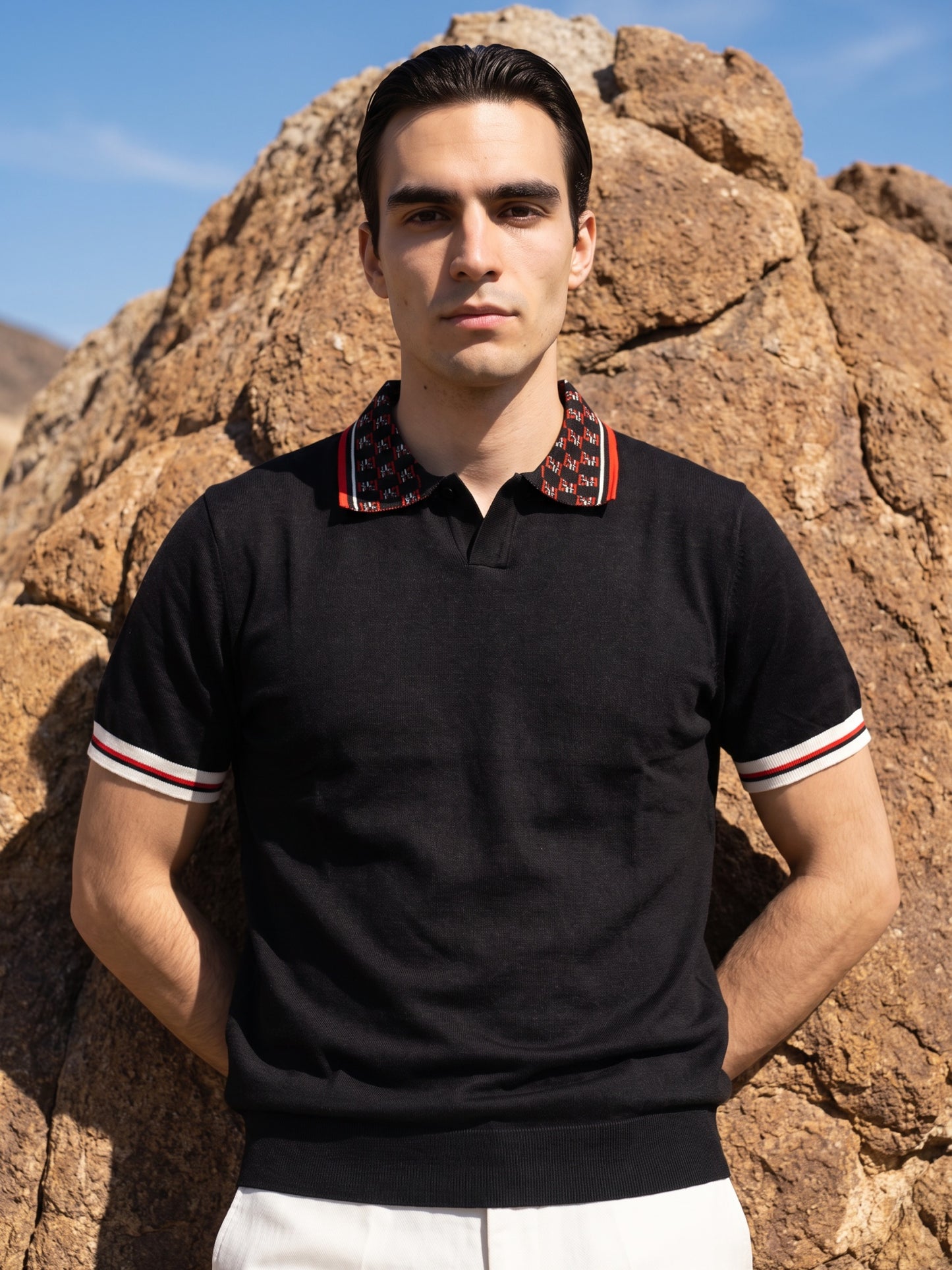 Black Flat Knit With Jacquard Collar Men Polo T-shirt