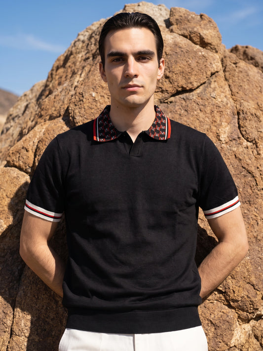 Black Flat Knit With Jacquard Collar Men Polo T-shirt