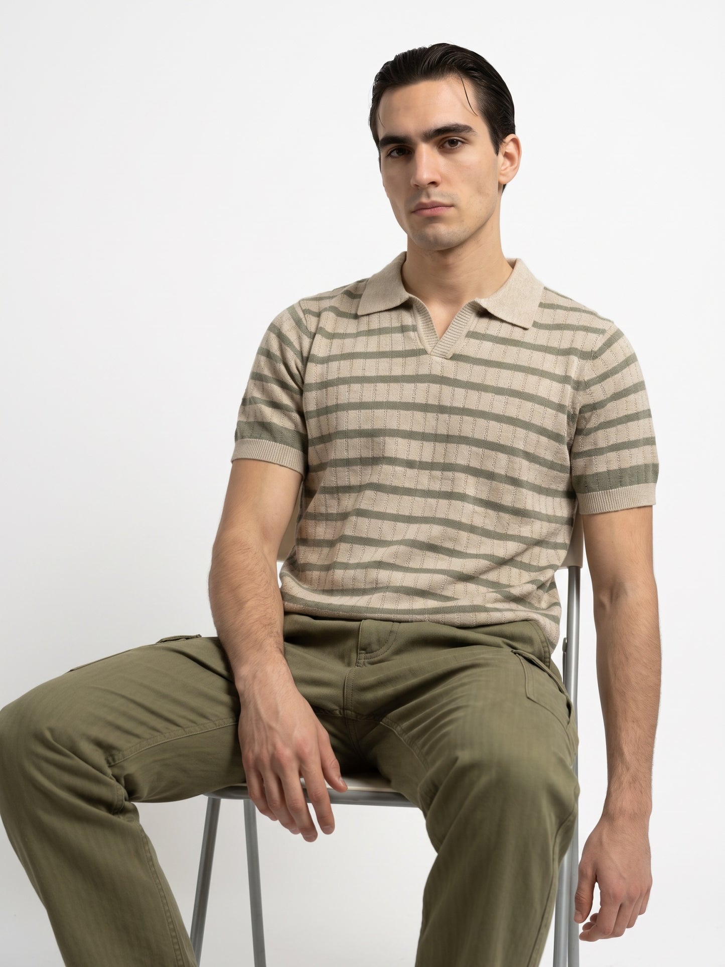 Striped Beige & Olive Flat Knit Polo