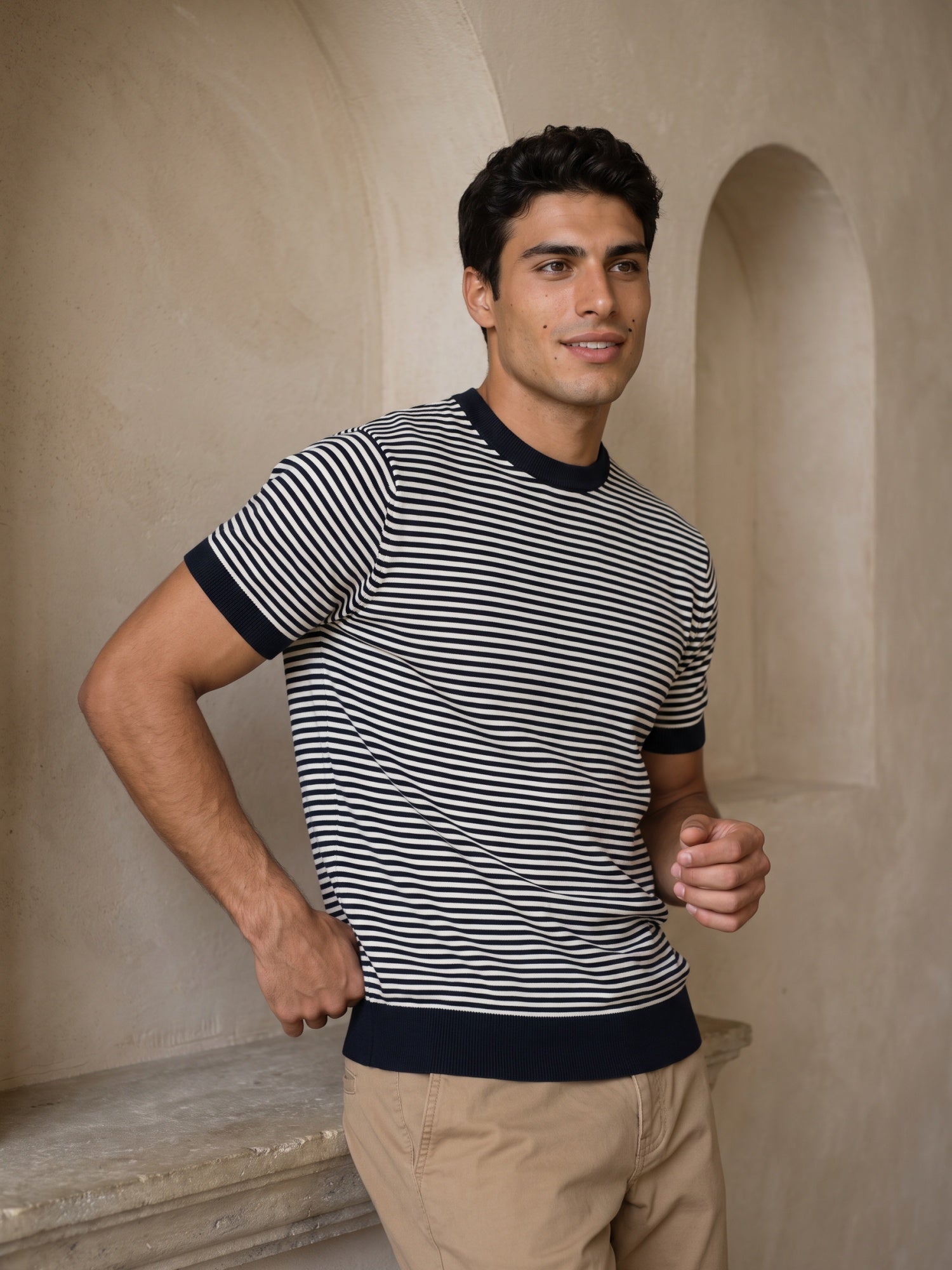 Navy & White Men Regular Fit Striped Flat Knit T-shirt