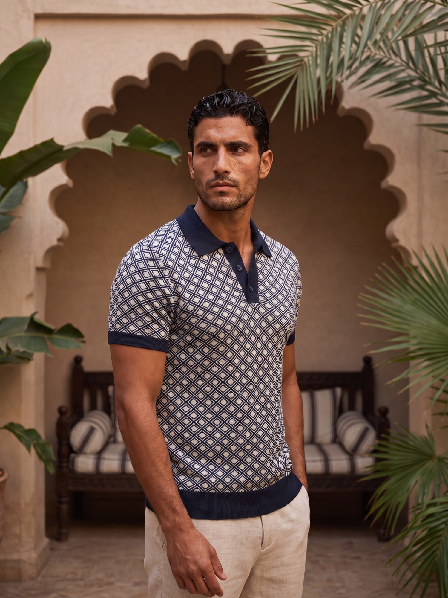 Men Navy Geometric Flat Knit Polo