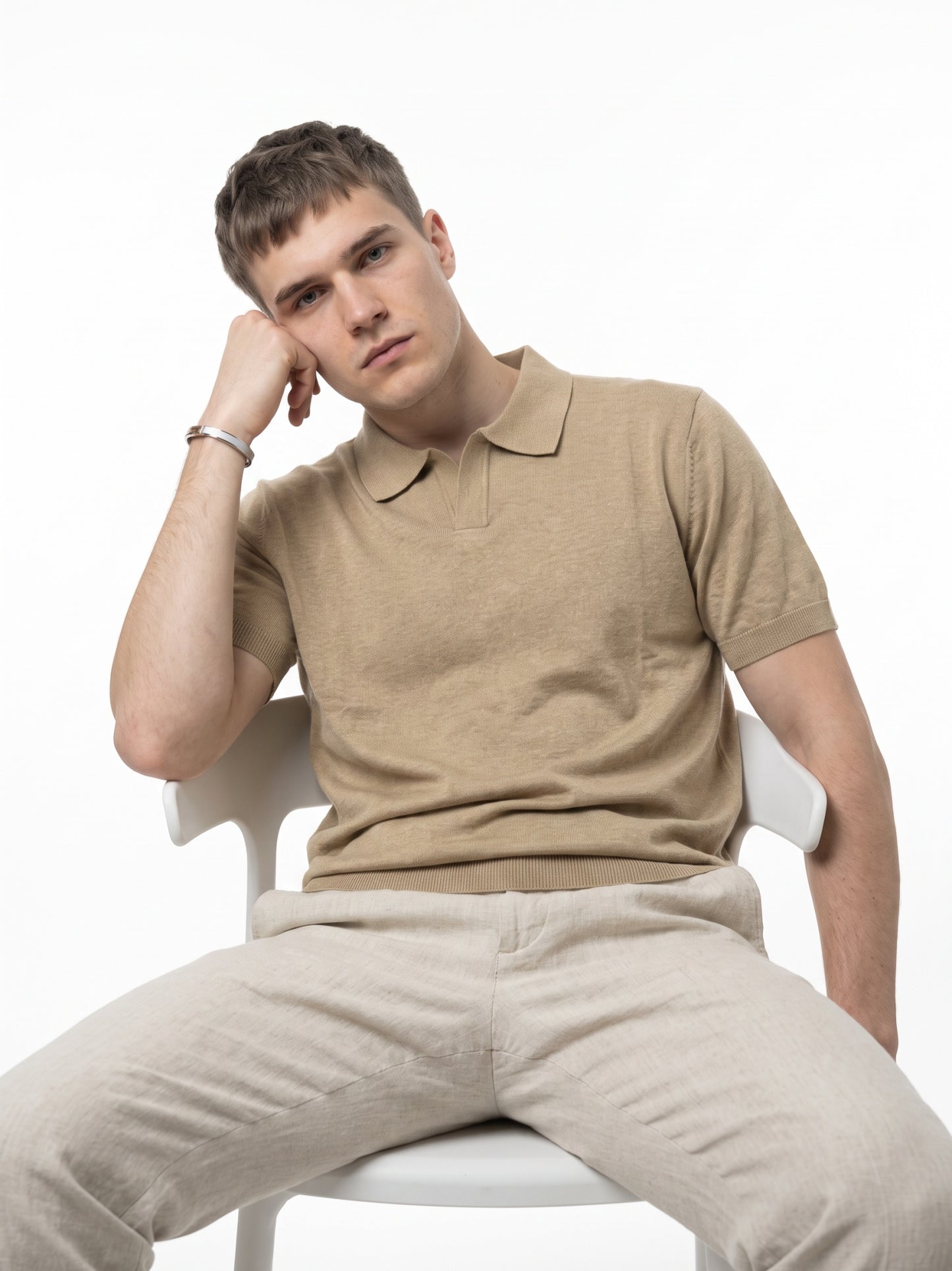 Men Beige Flat Knit Regular Fit Polo Collar T-shirt