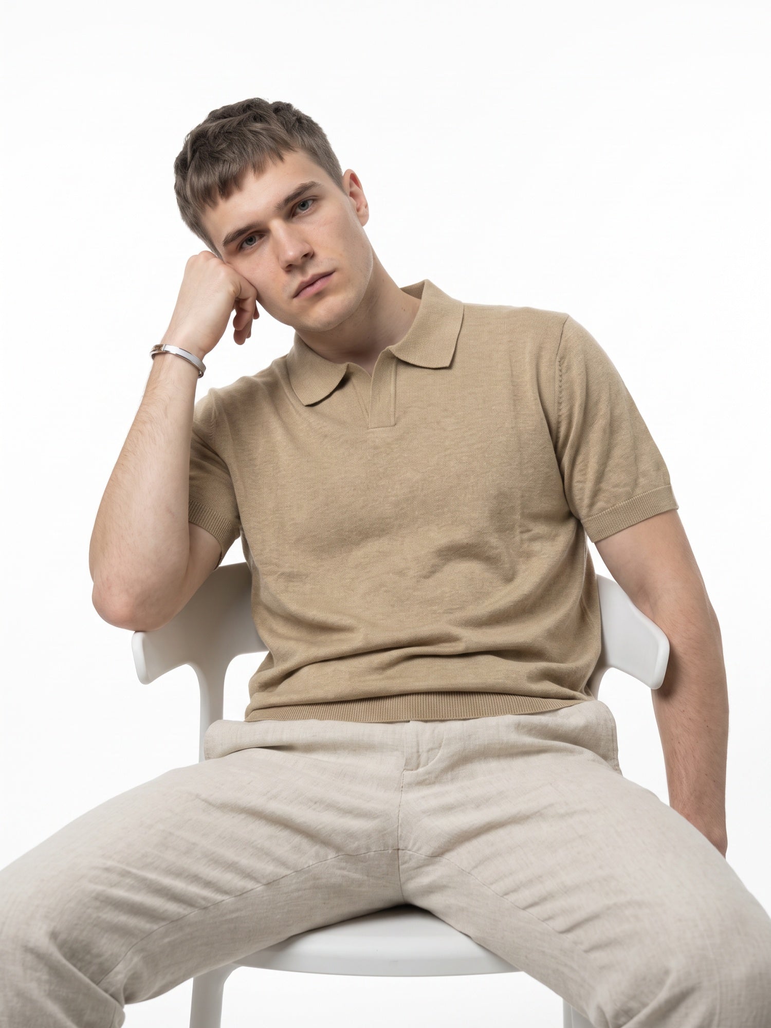 Men Beige Flat Knit Regular Fit Polo Collar T-shirt