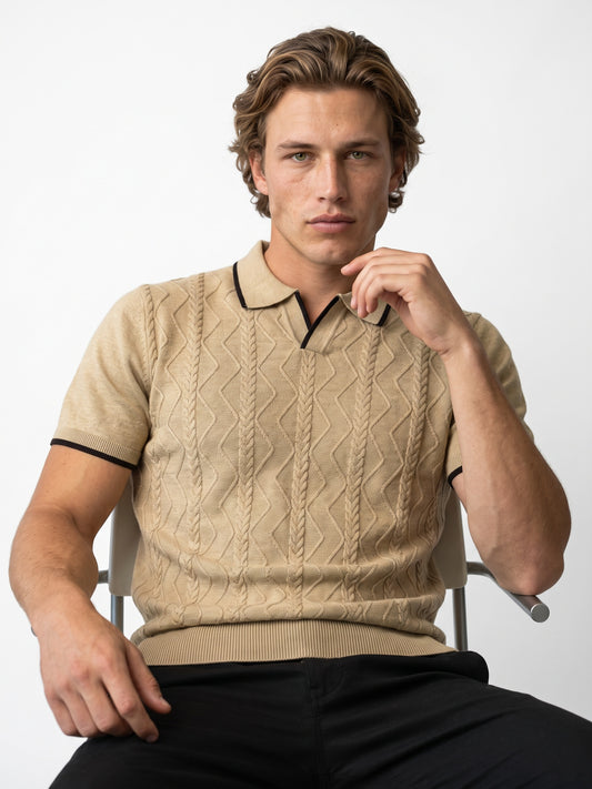 Beige Cable Flat Knit Polo T-shirt